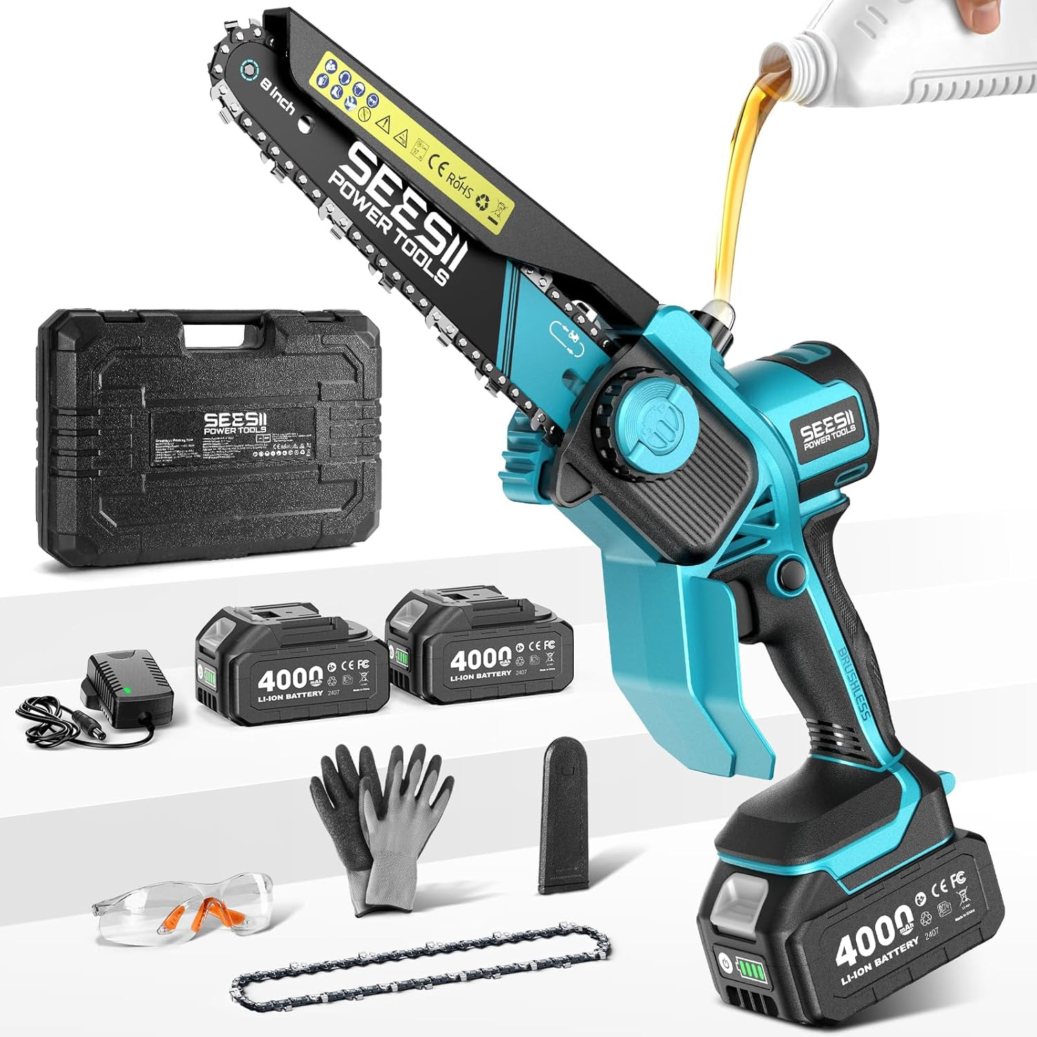 6″ Mini Cordless Chainsaw 900W Electric Pruning Saw w/ 2 Batteries Kit