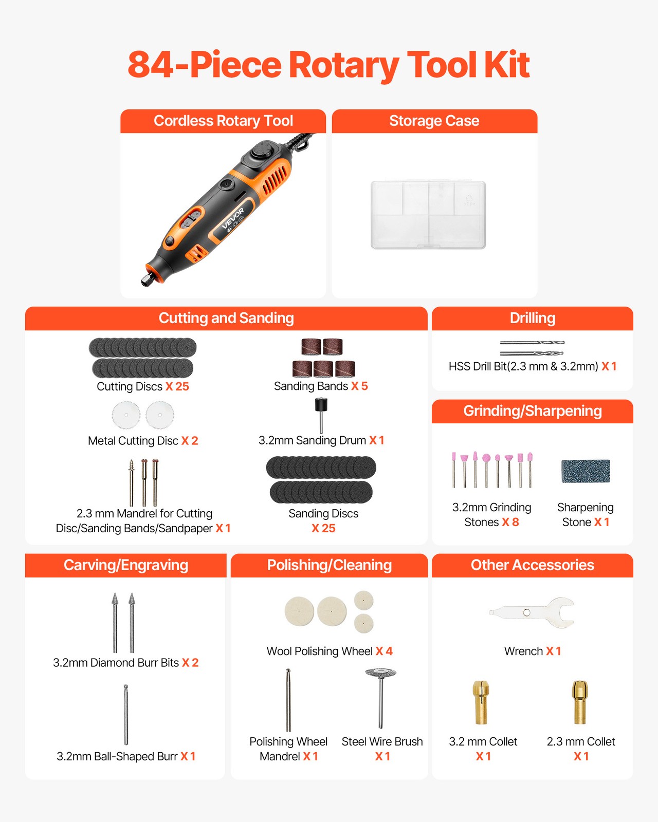 VEVOR 84-Piece Rotary Tool Kit 200W 6-Level Adjustable Speeds 8000-40000 RPM