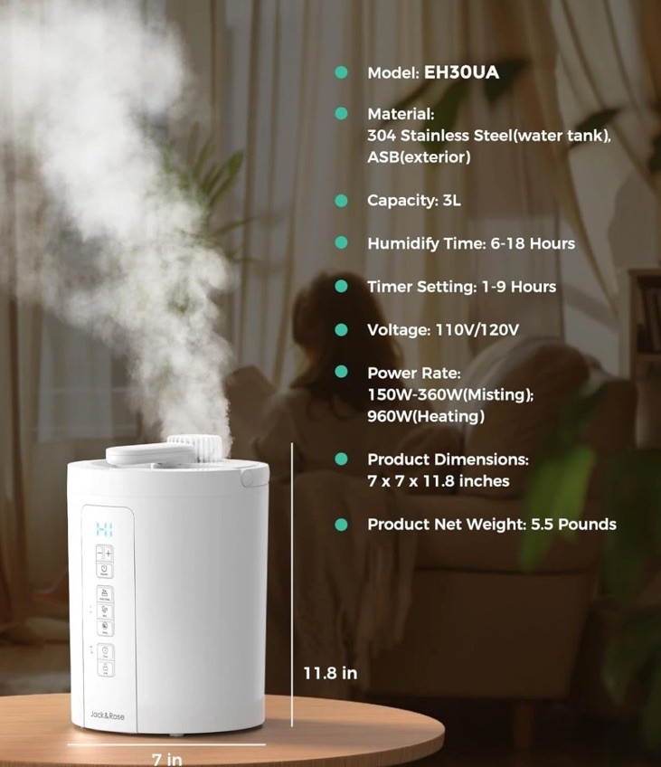 Jack & Rose Warm Mist Humidifier Any Room 3L/100oz Stainless Steel EH30UA