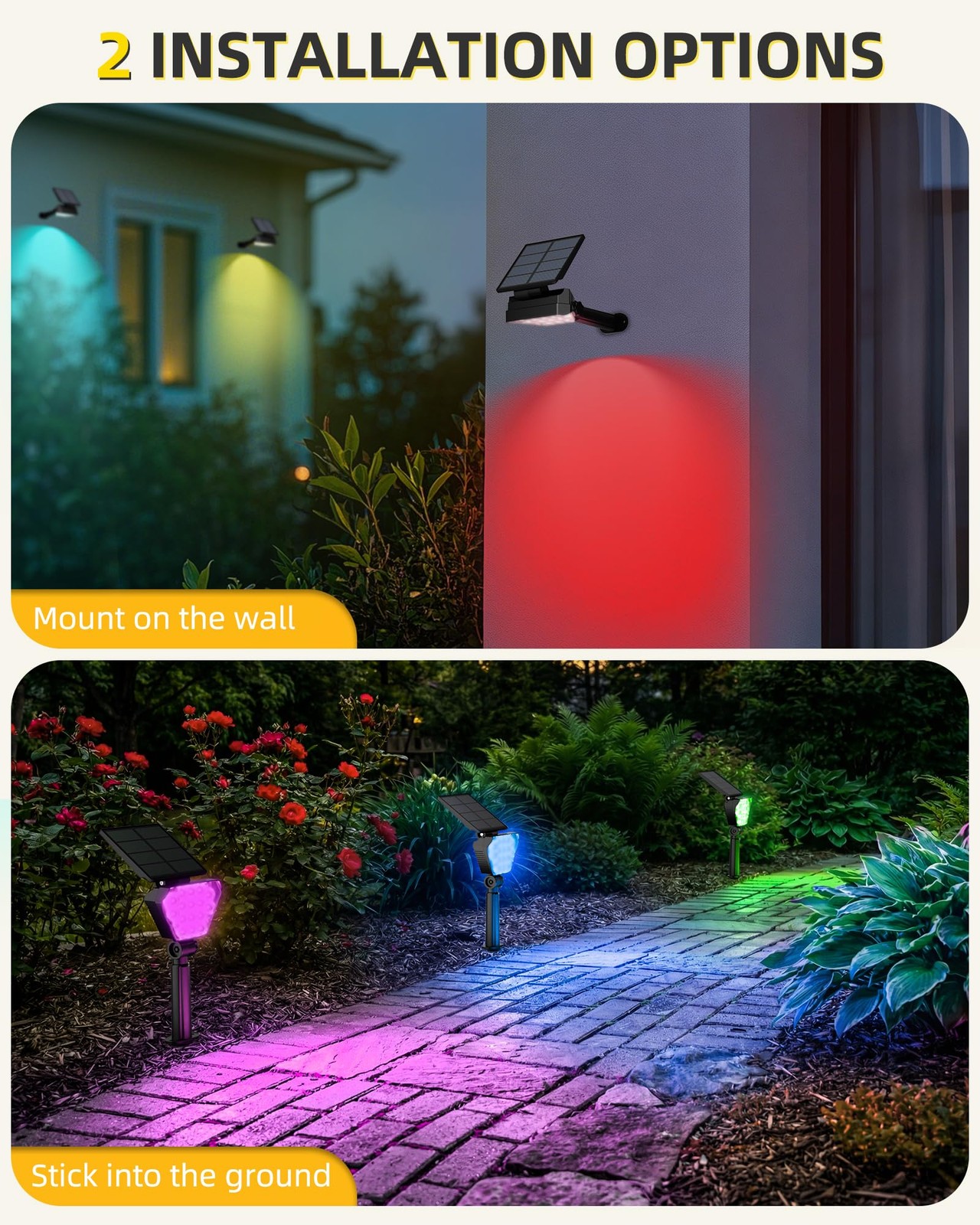 T-SUN 6-Pack Outdoor Solar LED Spotlights IP65, Color Changing, Auto On/Off