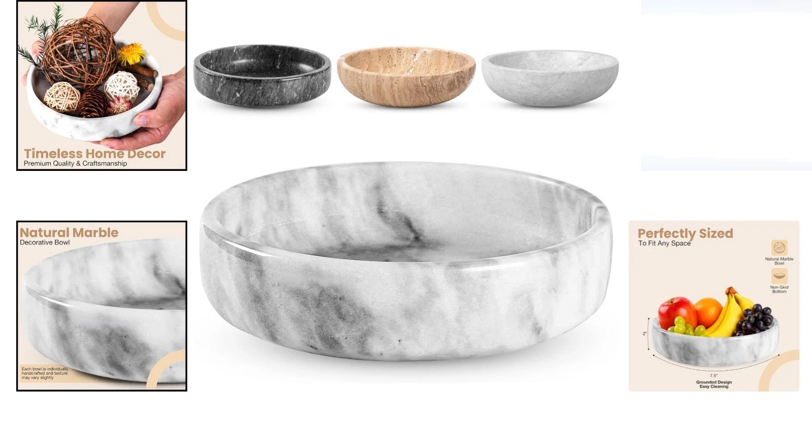Marble Decorative Bowl 7.5in Handcrafted White Grey Solid Marble Centerpiece