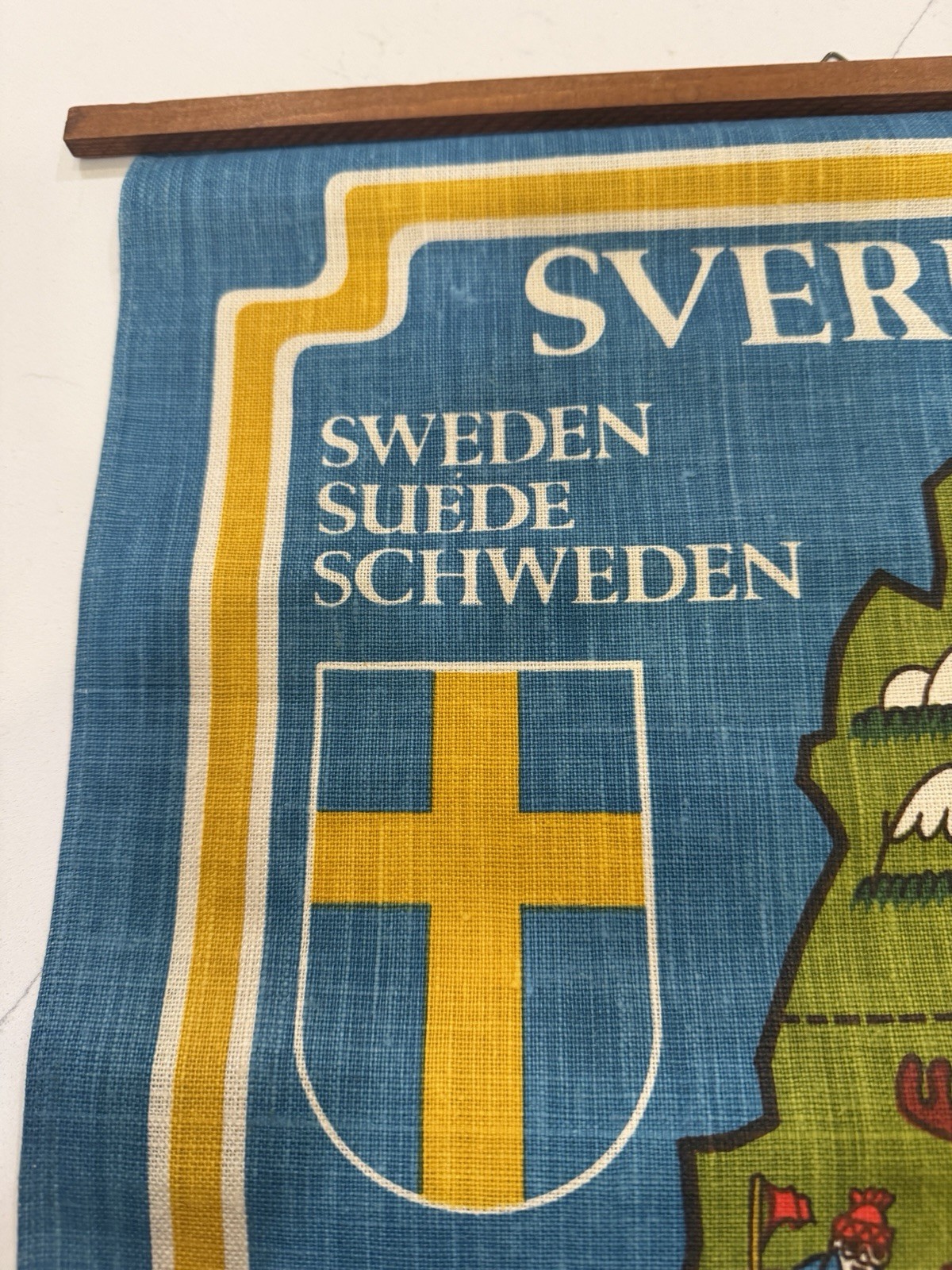 Vintage 1970s Kalle Berglund Sweden Illustrated Fabric Map Wall Hanging Tapestry