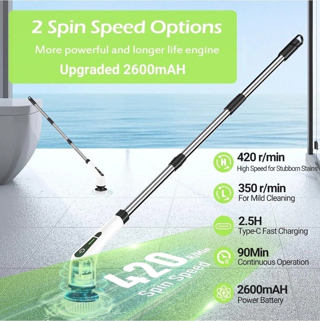 7in1 Electric Spin Scrubber Cordless Bathroom Tub Scrubber w/ Long Handle 8Head