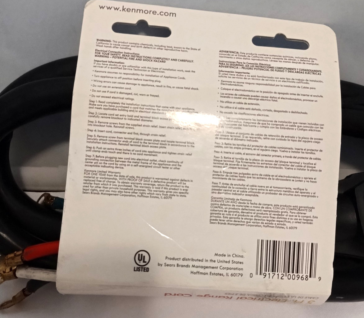 Kenmore 5 Ft. Electrical Range Cord Cable 50 Amp 4 Wire 49696 4 Prong 250 Volts