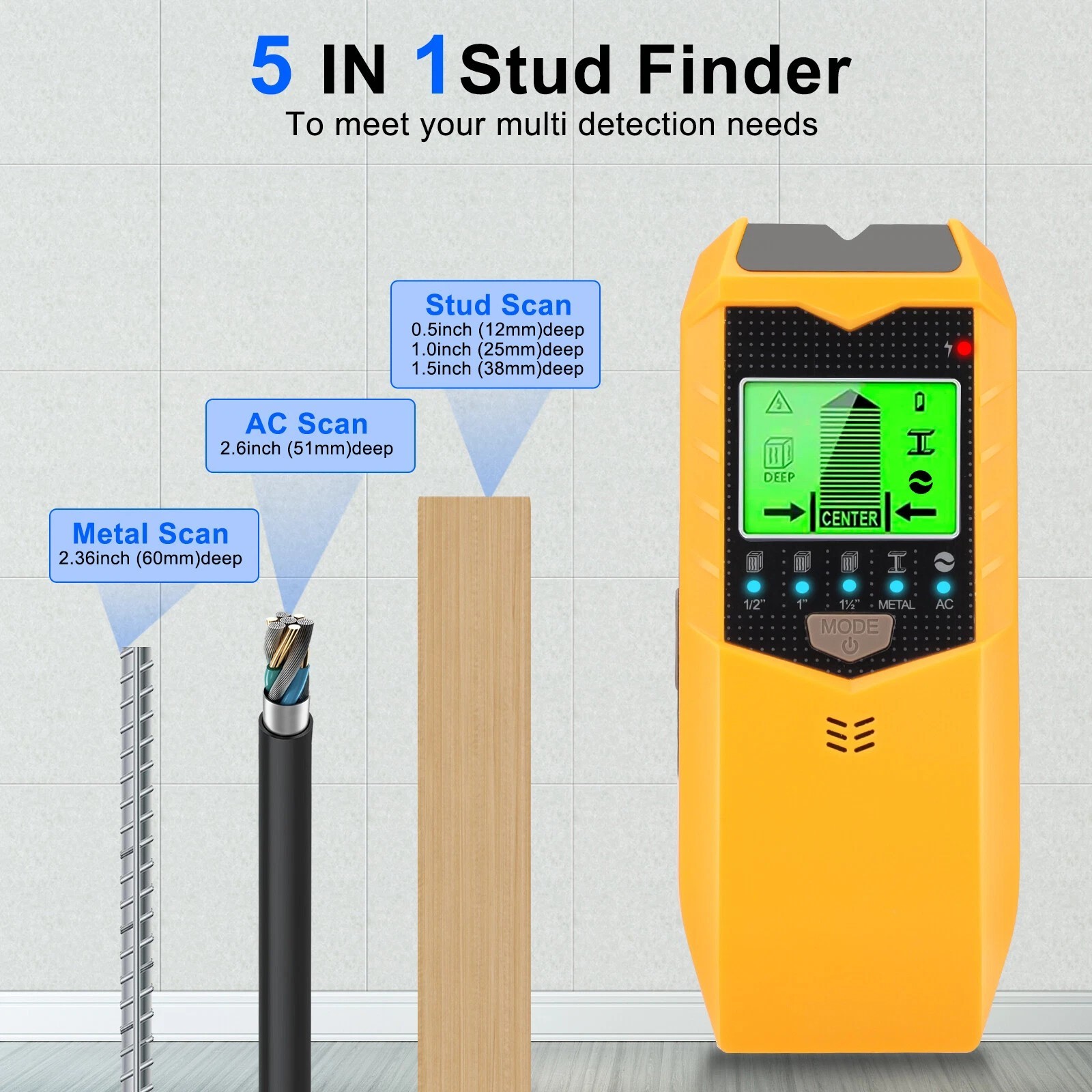 5 in 1 Digital Stud Finder Wood Metal Pipe Wire Wall Scanner Sensor LCD Detector