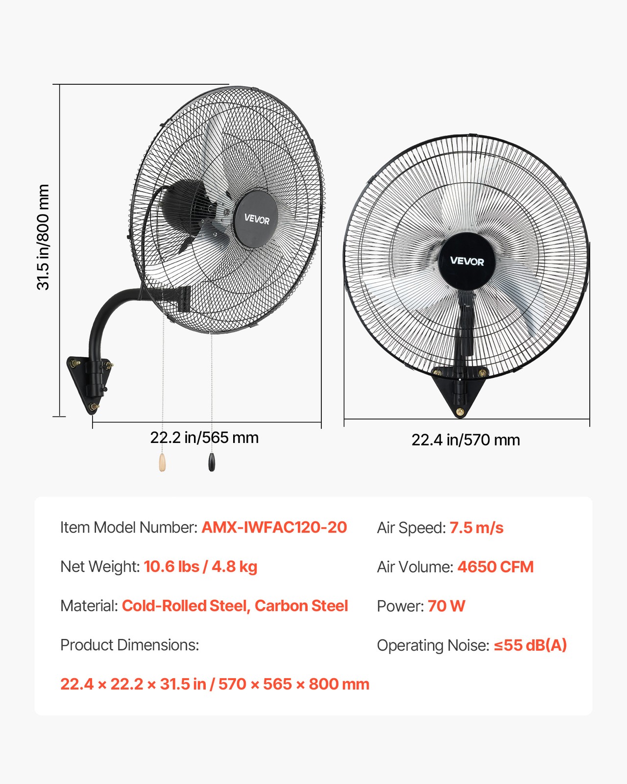 VEVOR 20 in Wall Mount Fan Oscillating 3 Speed Long Airflow Industrial Garage