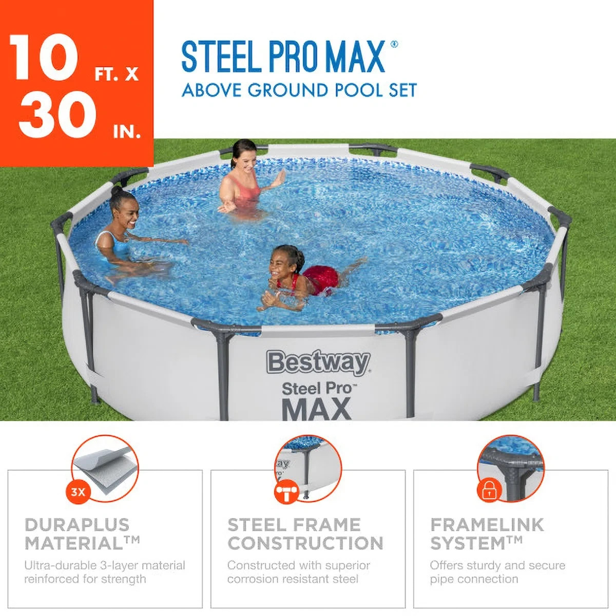 Bestway Steel Pro Max 10’x30″ Round Above Ground Outdoor Swimming Pool with Pump