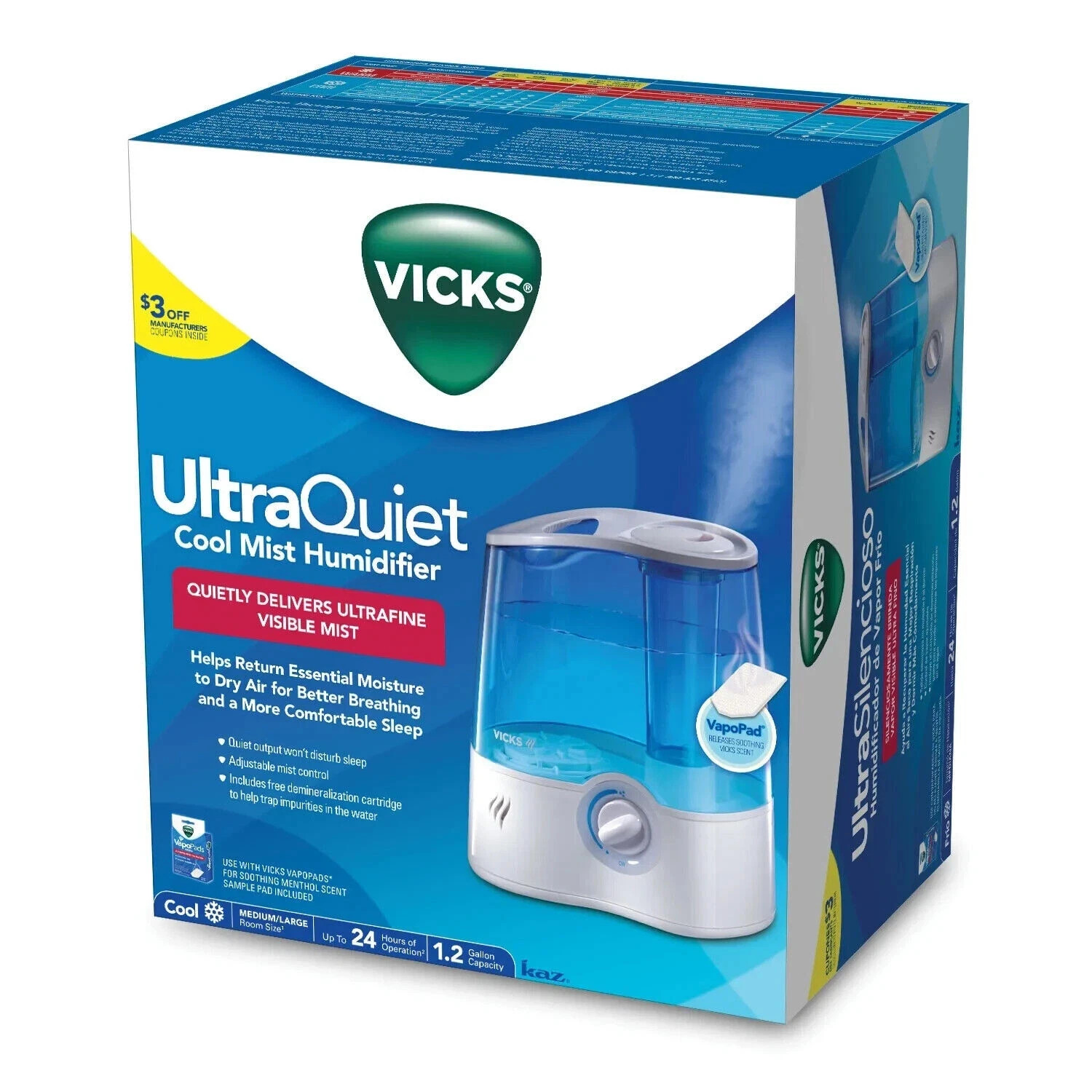 Vicks UltrQuiet Cool Mist Humidifier 1.2 Gal Capacity Up To 24Hrs V5100 NS NEW