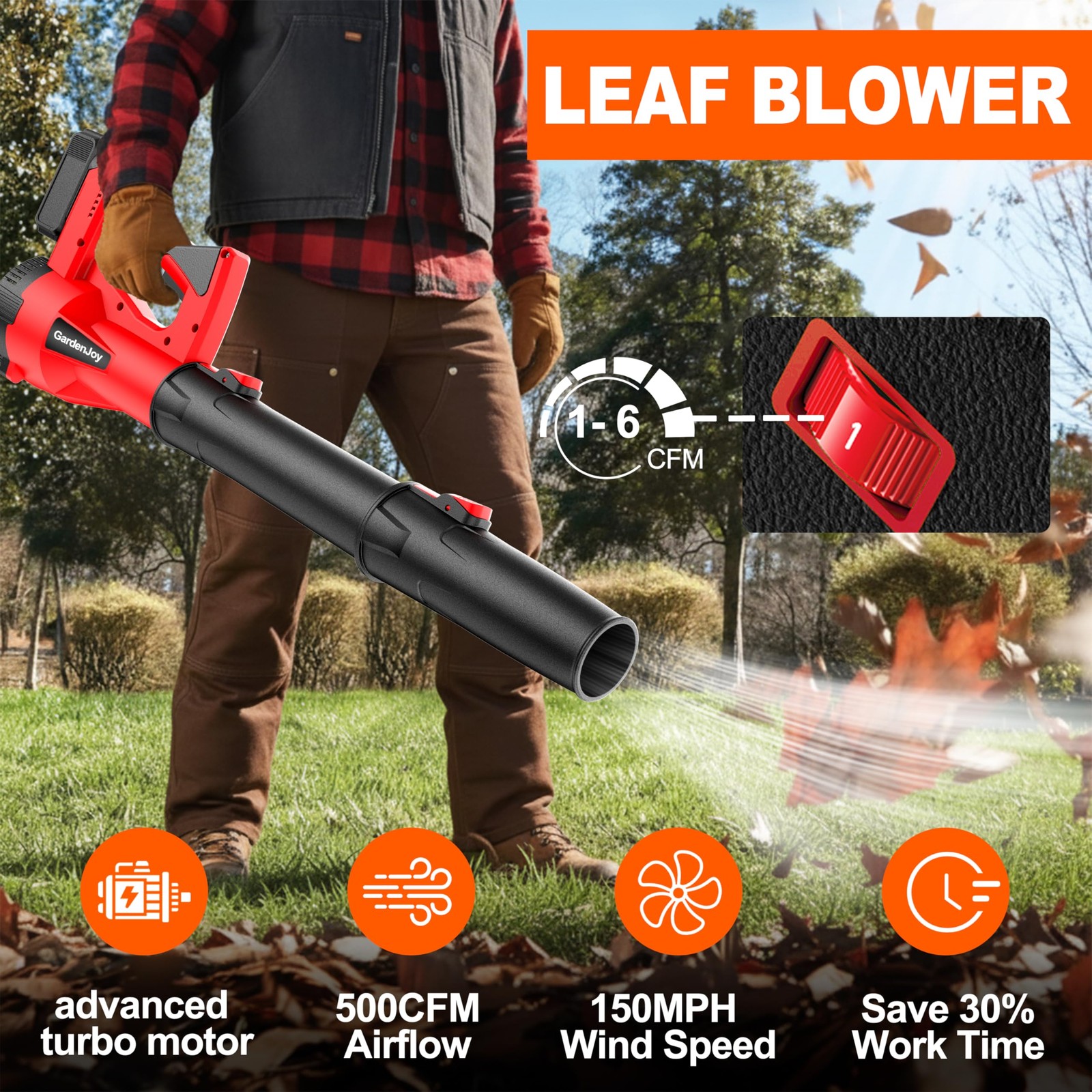 Cordless Leaf Blower 21V 500CFM 150MPH Lightweight with 2 Batteries & Charger
