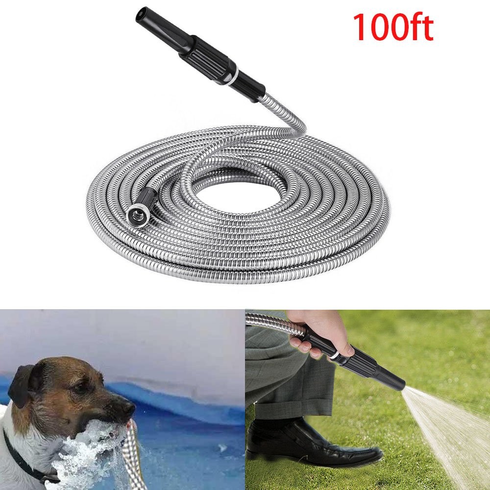NEW 100FT Stainless Steel Metal Garden Water Hose Pipe Flexible Lightweight
