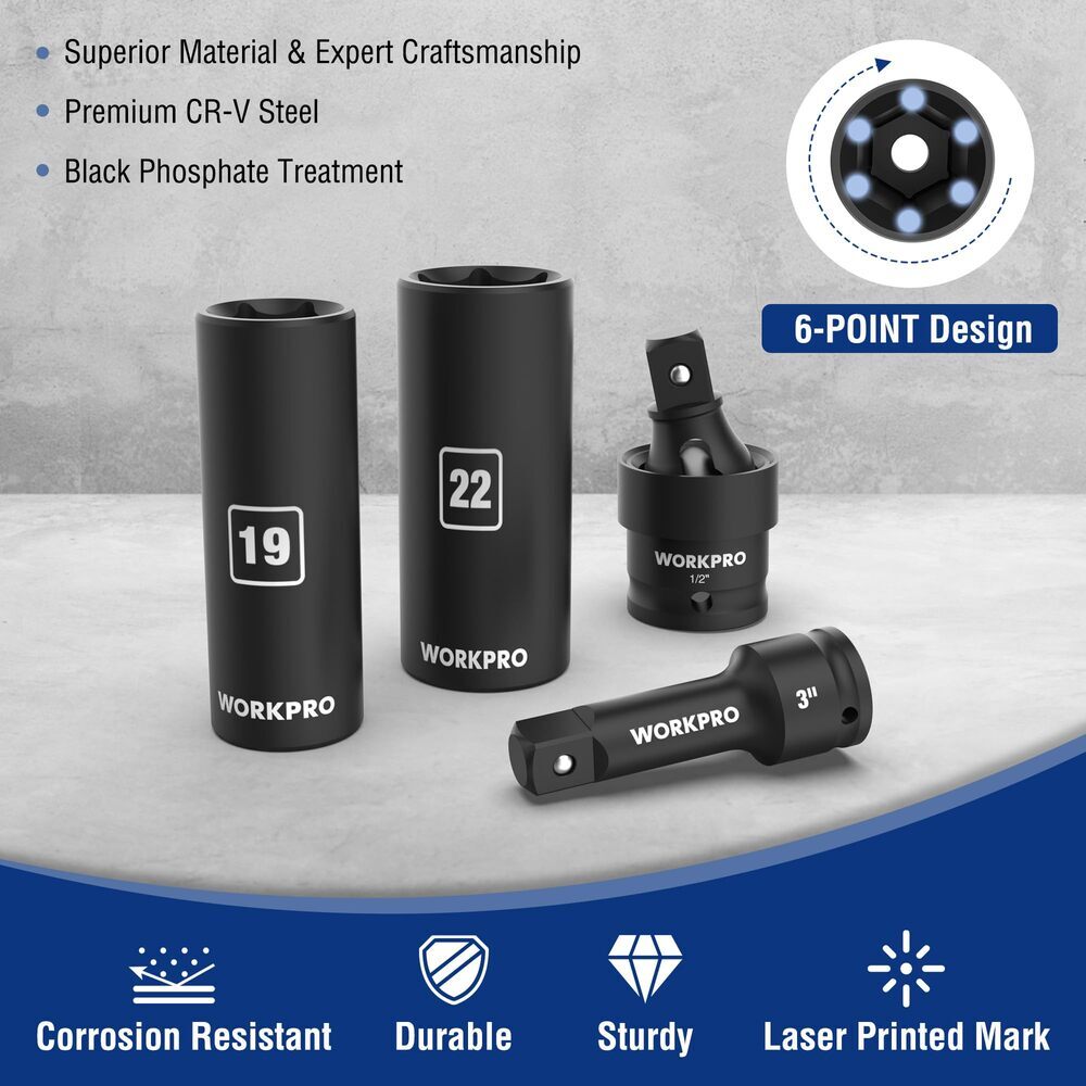 WORKPRO 65PC 1/2” Drive Impact Socket Sets 3/8″-1-1/4″ 10-24mm Deep Shallow Kits