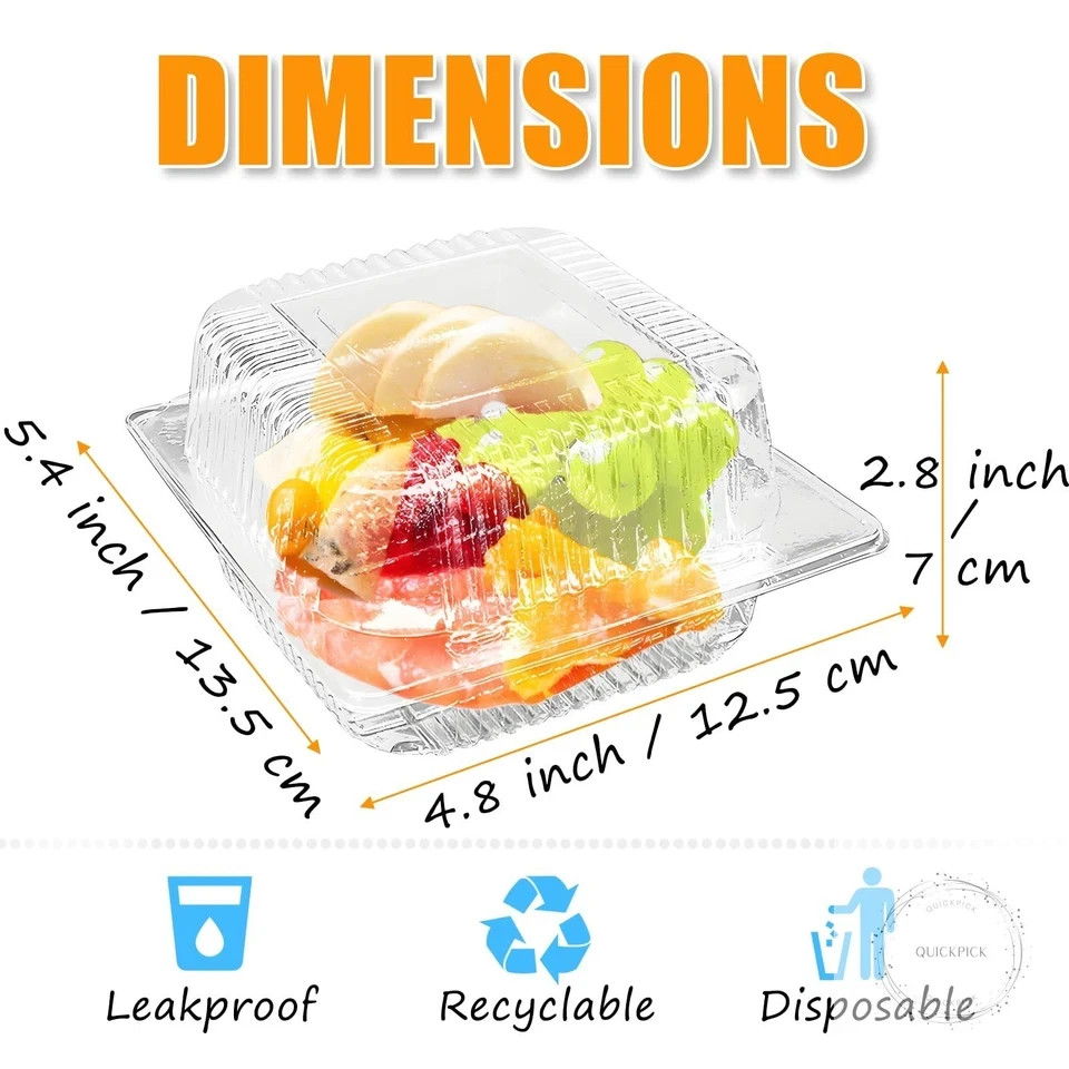 100 Pack Clear Plastic Square Hinged Food Clamshell Container,Disposable To Go