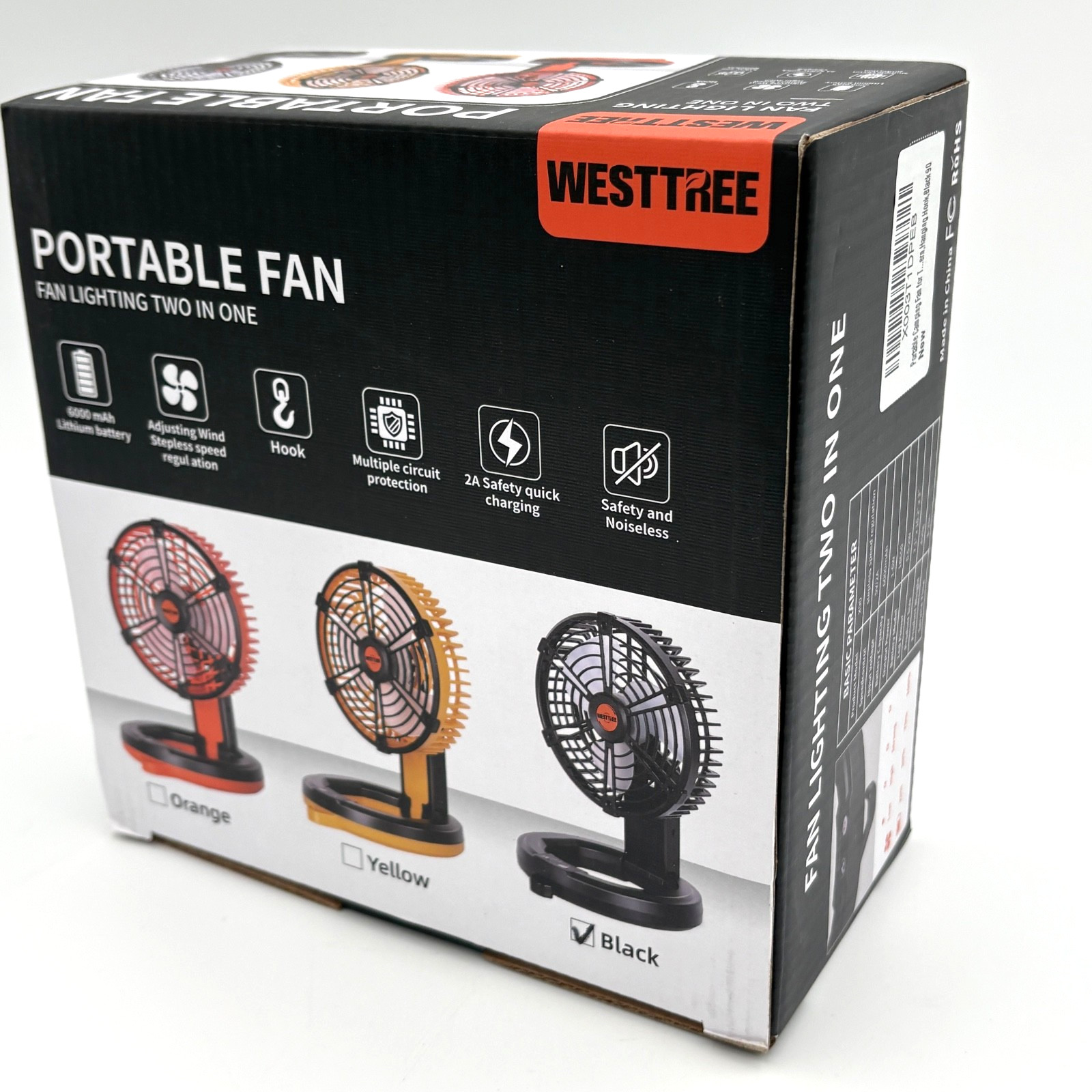 Westtree Portable Rechargeable Fan 6000mAh Black Stepless Speed