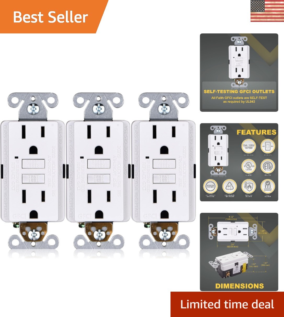 Slender 15A GFCI Duplex Outlets with LED Indicator – 3 Pack Safety Upgrade