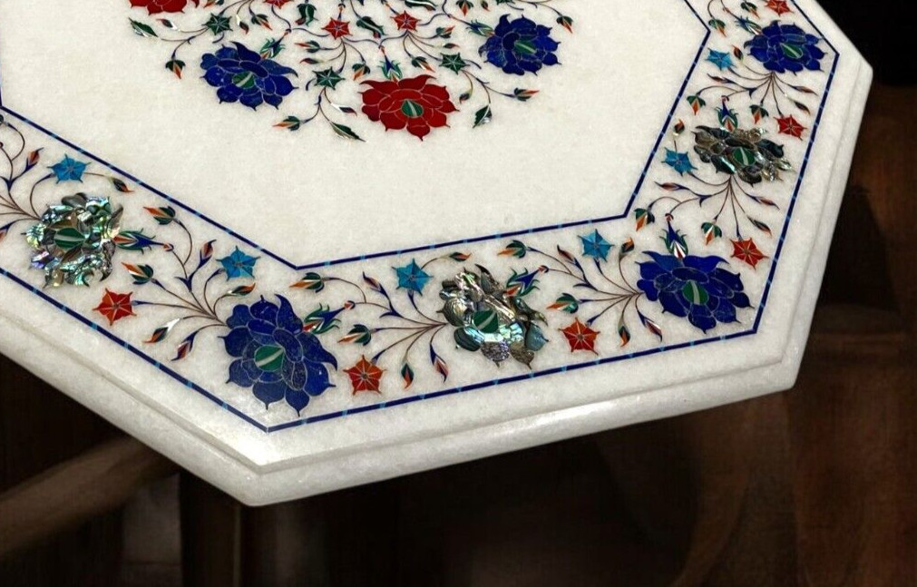 Buy White Marble Sofa Center Table Handcrafted Carnelian with Lapis Inlay Stone