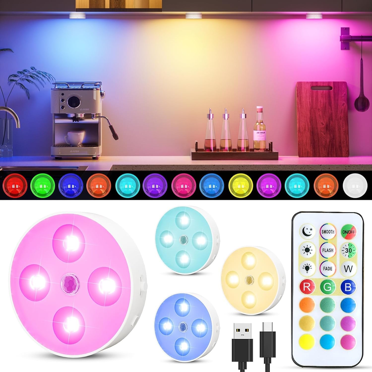 RGB Puck Lights with Remote & Motion – 1500mAh Rechargeable Under Cabinet …