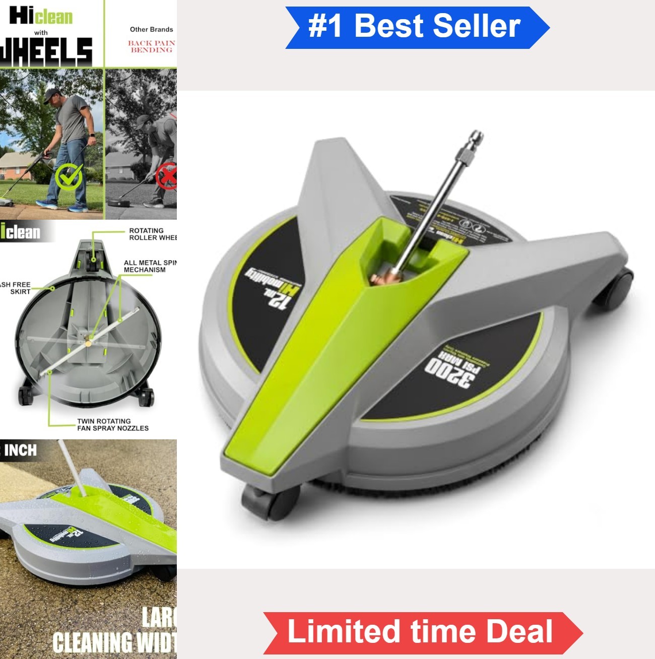 Electric Pressure Washer Surface Cleaner 12 Inch 3200 PSI With Wheels For