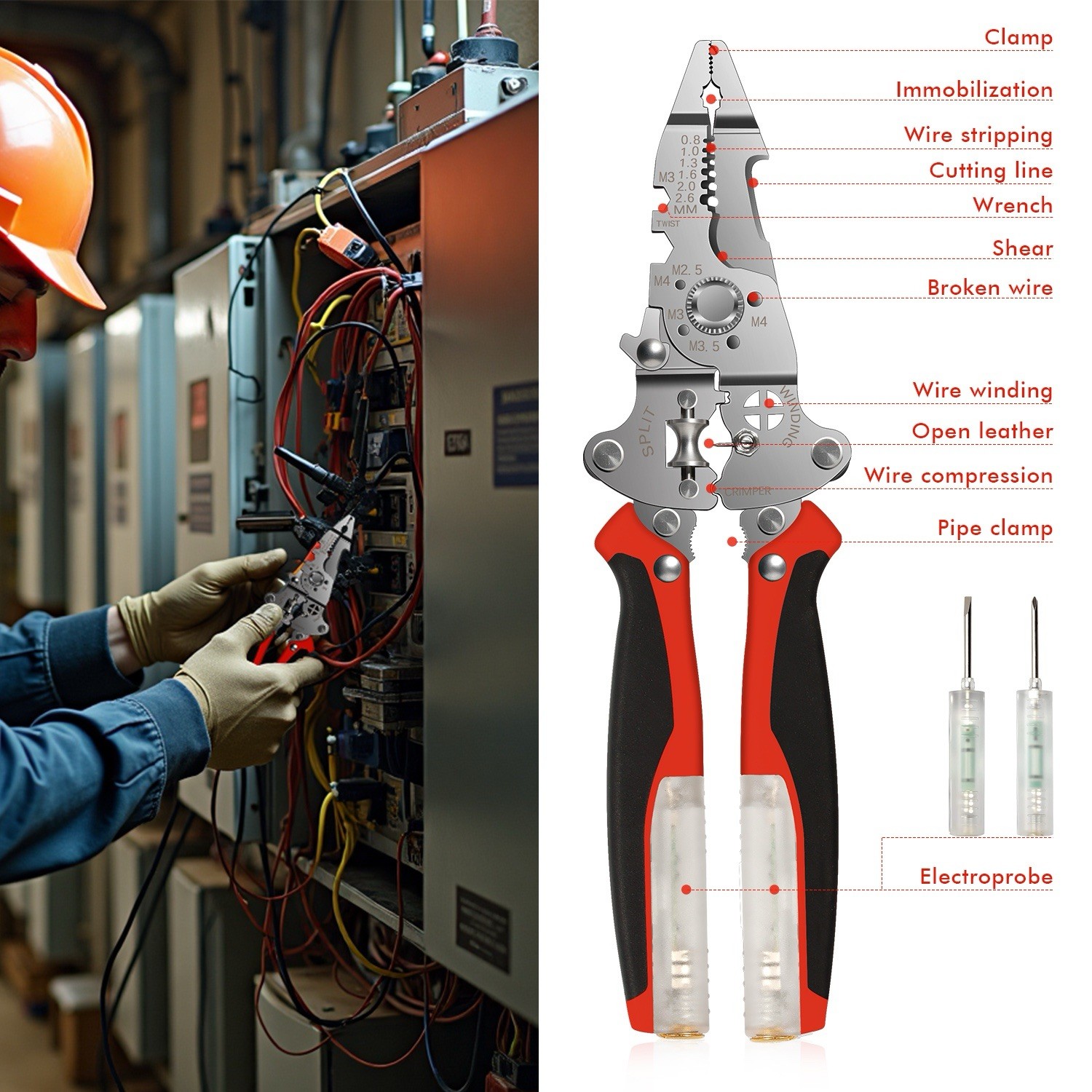 14-in-1 Portable Multi-Functional Fold Wire & Strip Pliers W/ Electrical Tester