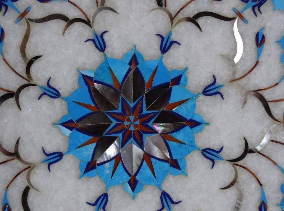12″ Marble Table top Semi Precious Stones turquoise floral inlay Work home decor