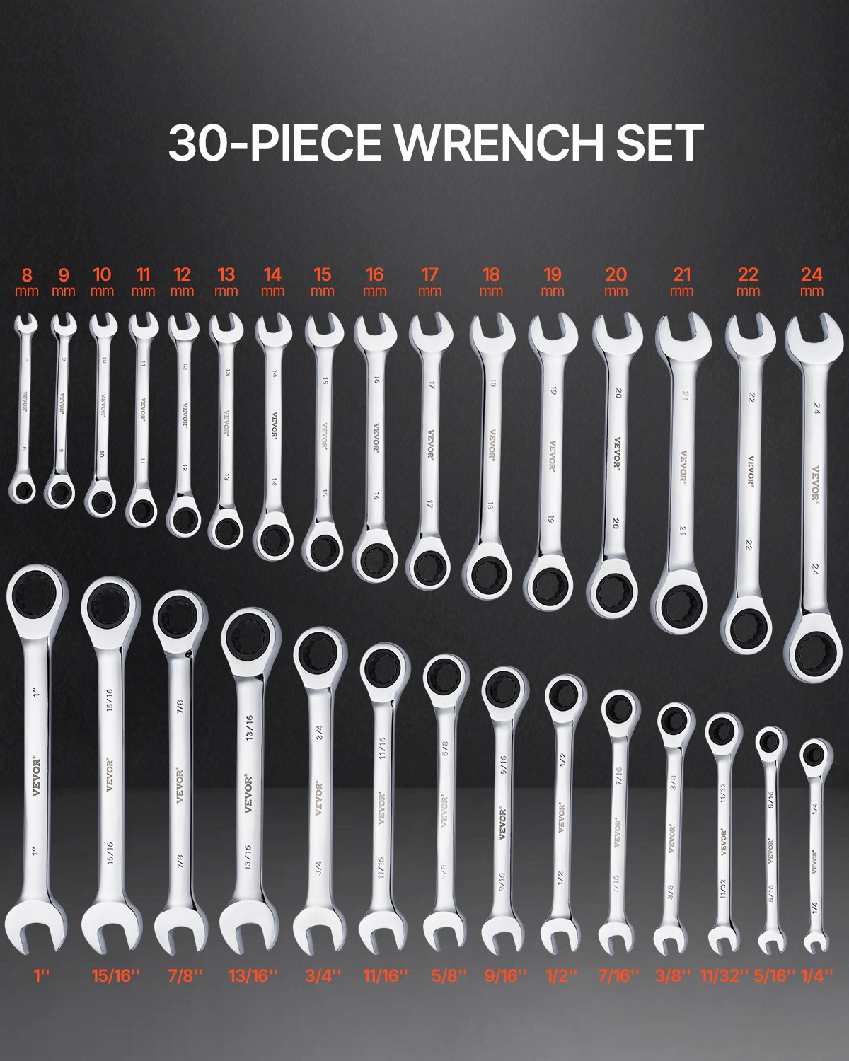 Combination Wrench Set 30 PCS SAE 1/4″ to 1″, Metric 8mm to 24mm Organizer Rack