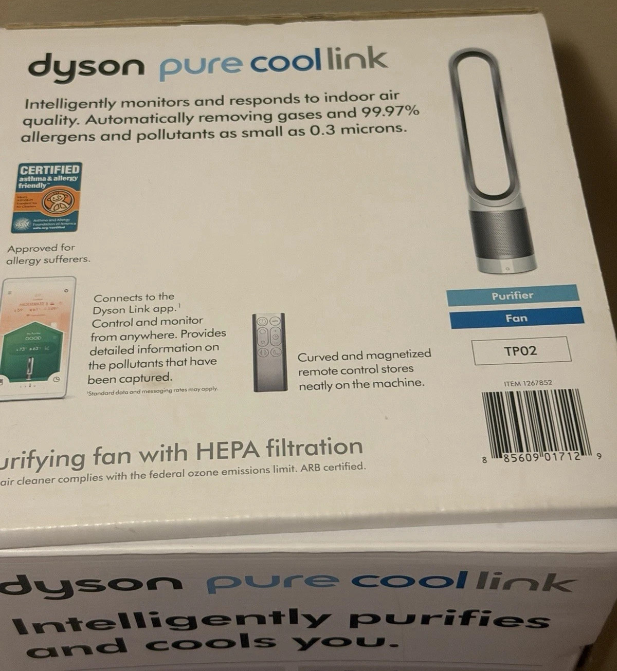 Dyson Pure Cool TP02 Wi-Fi Enabled HEPA Air Purifier and Tower Fan, White/Silver