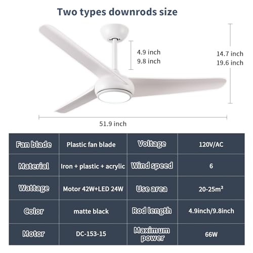 KINDLOV 52″ Ceiling Fan Lights,Remote,6 Speeds,3CCT,Reversible,White