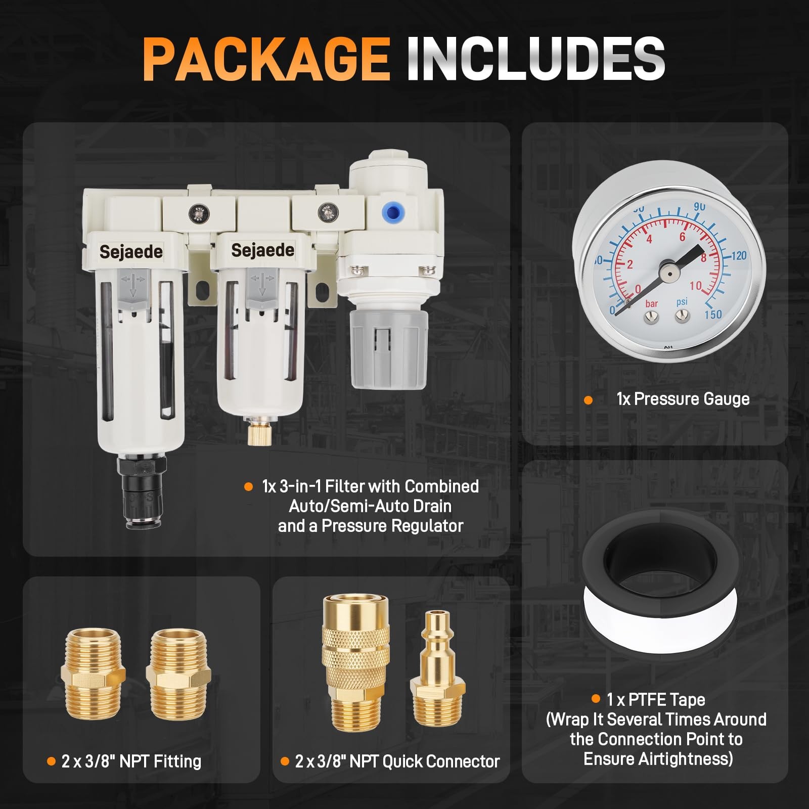 3/8″ NPT Air Compressor Filter Regulator W/ 2-Stage Auto & Semi-Auto Drain Dryer