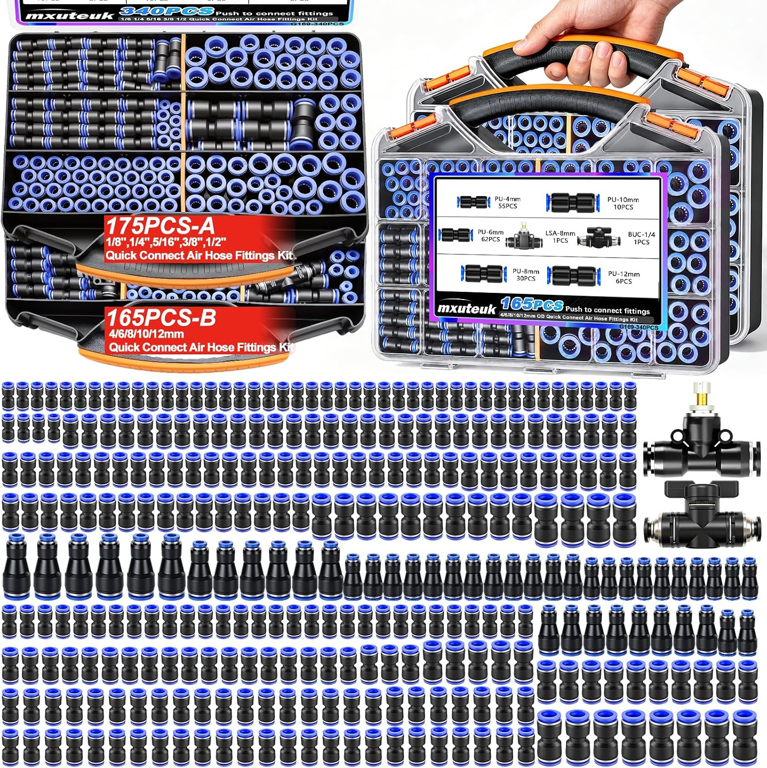 340PCS Quick Connect Air Hose Fittings,4/6/8/10/12Mm&1/8 1/4 5/16 3/8 1/2 Inch P