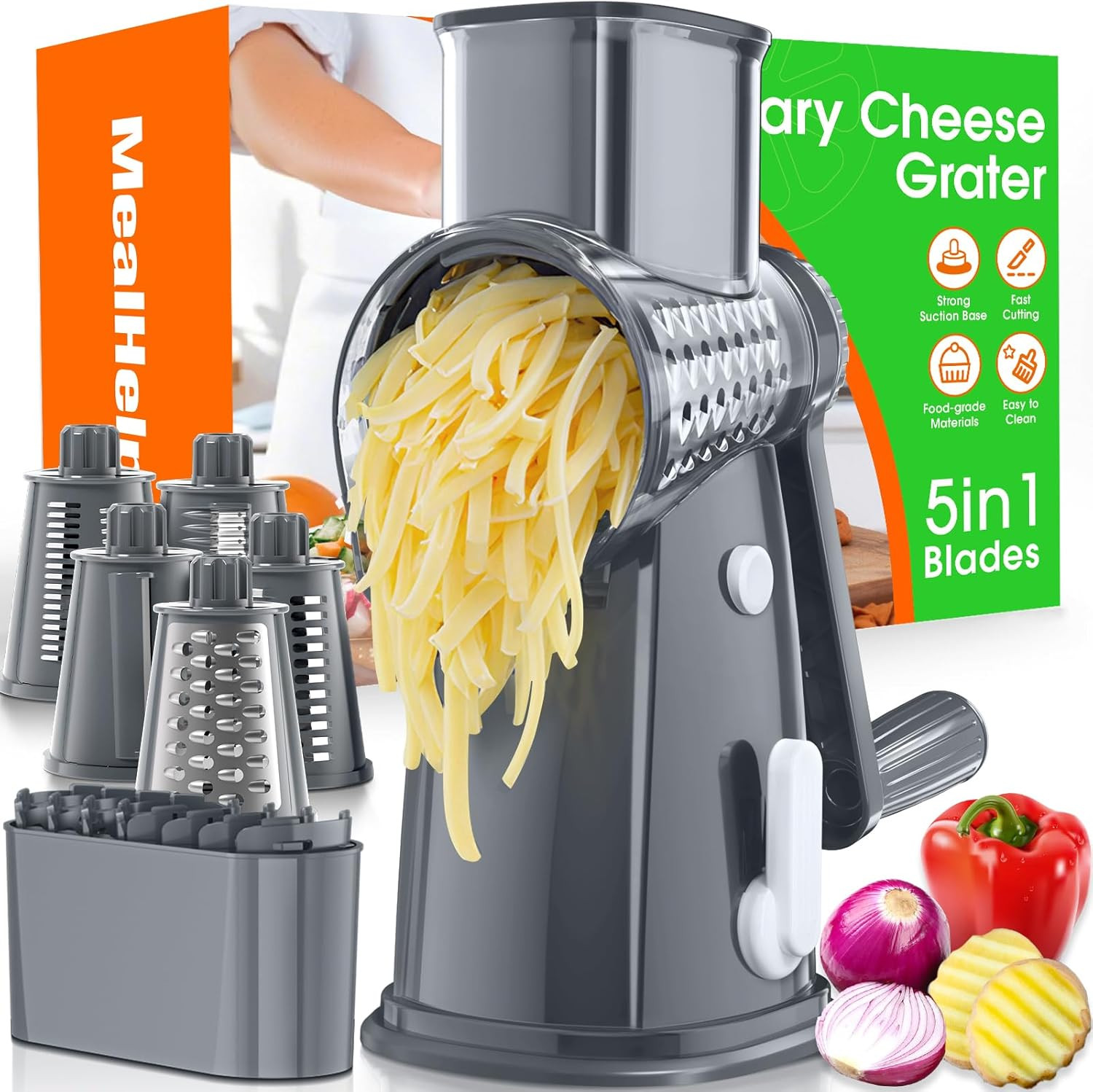 5 Blade Rotary Cheese Grater Hand Crank with Storage Box, Vegetable Chopper, Che