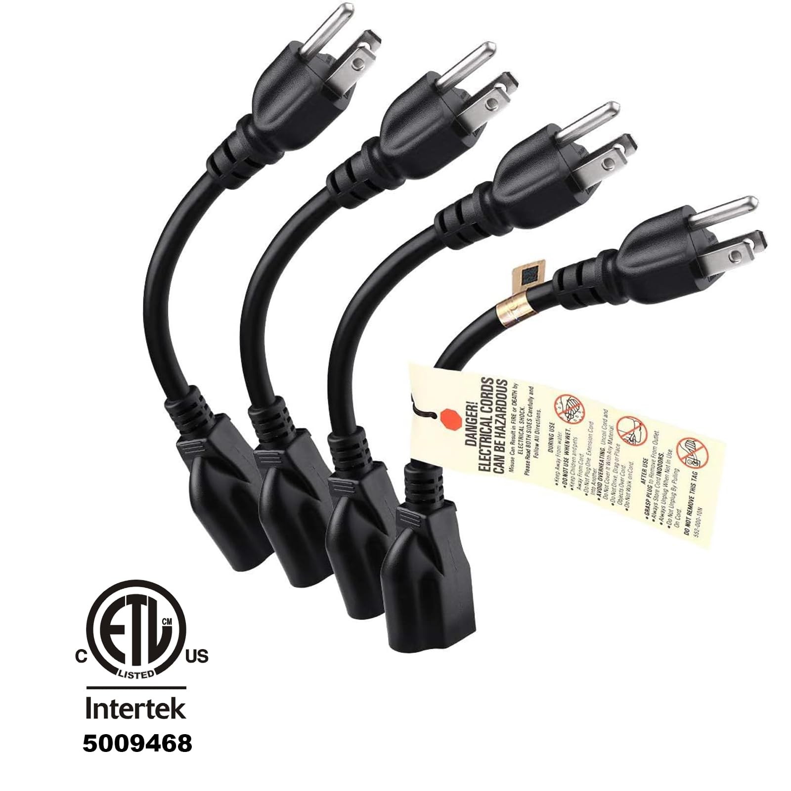 Short Power Extension Cord Outlet Saver, 16AWG/13A, 3 Prong (4 Pack, Black, 8 In