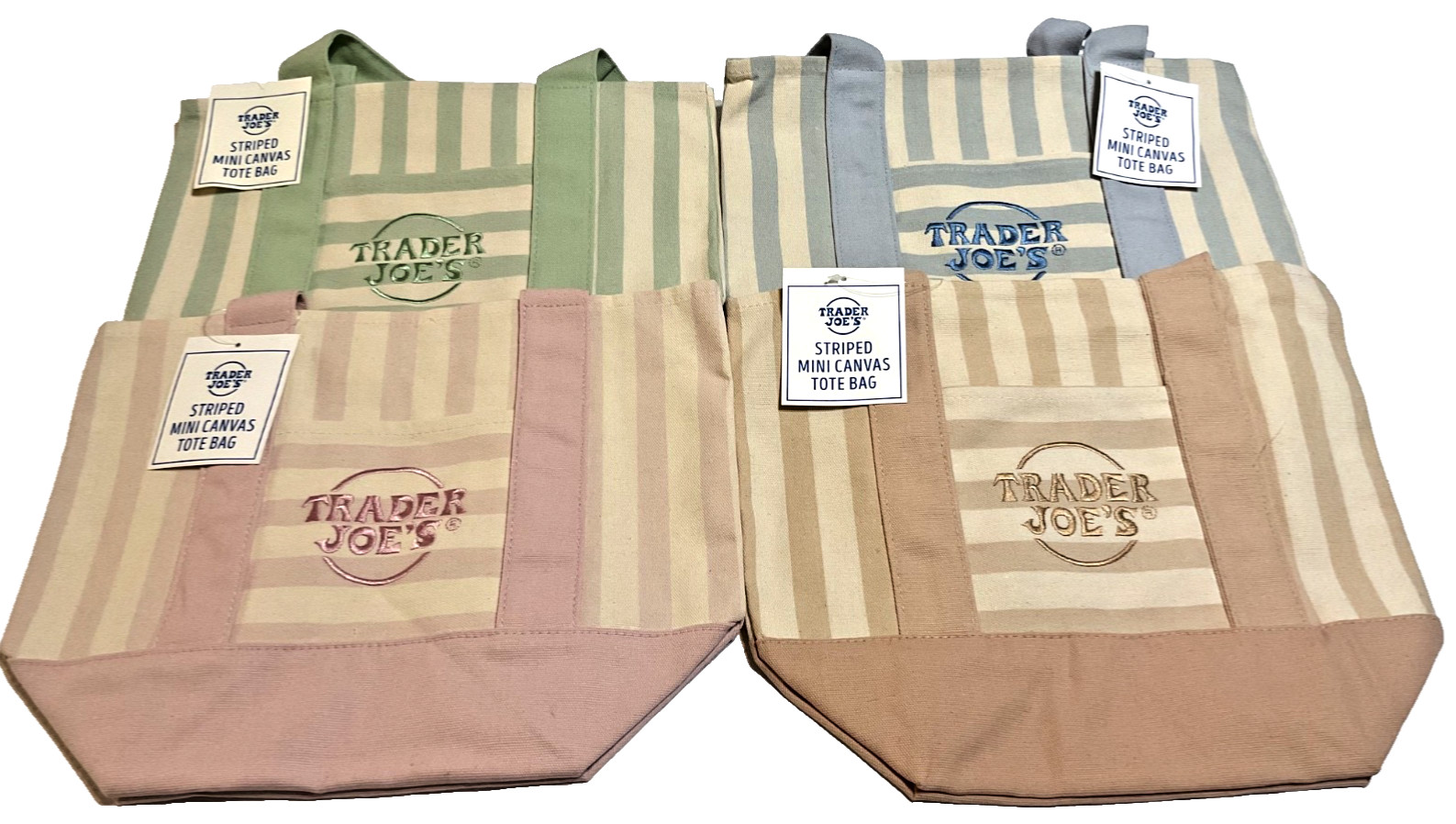 Trader Joe’s Mini Canvas Tote Bag-4 pack Striped Green, Pink, Blue, and Brown