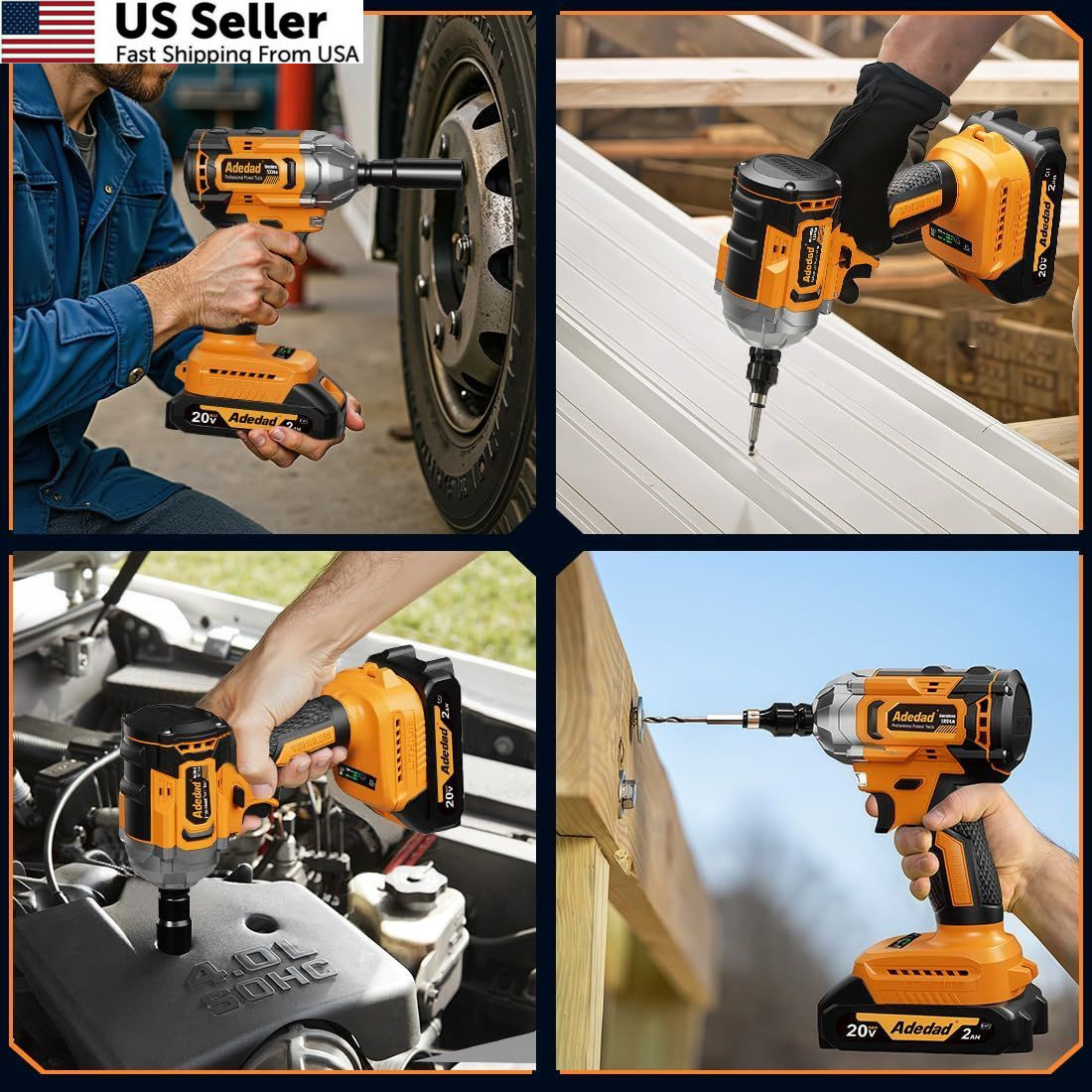 Adedad Brushless Impact Wrench 3-in-1 500N.m(369Ft-lbs) Torque Yellow