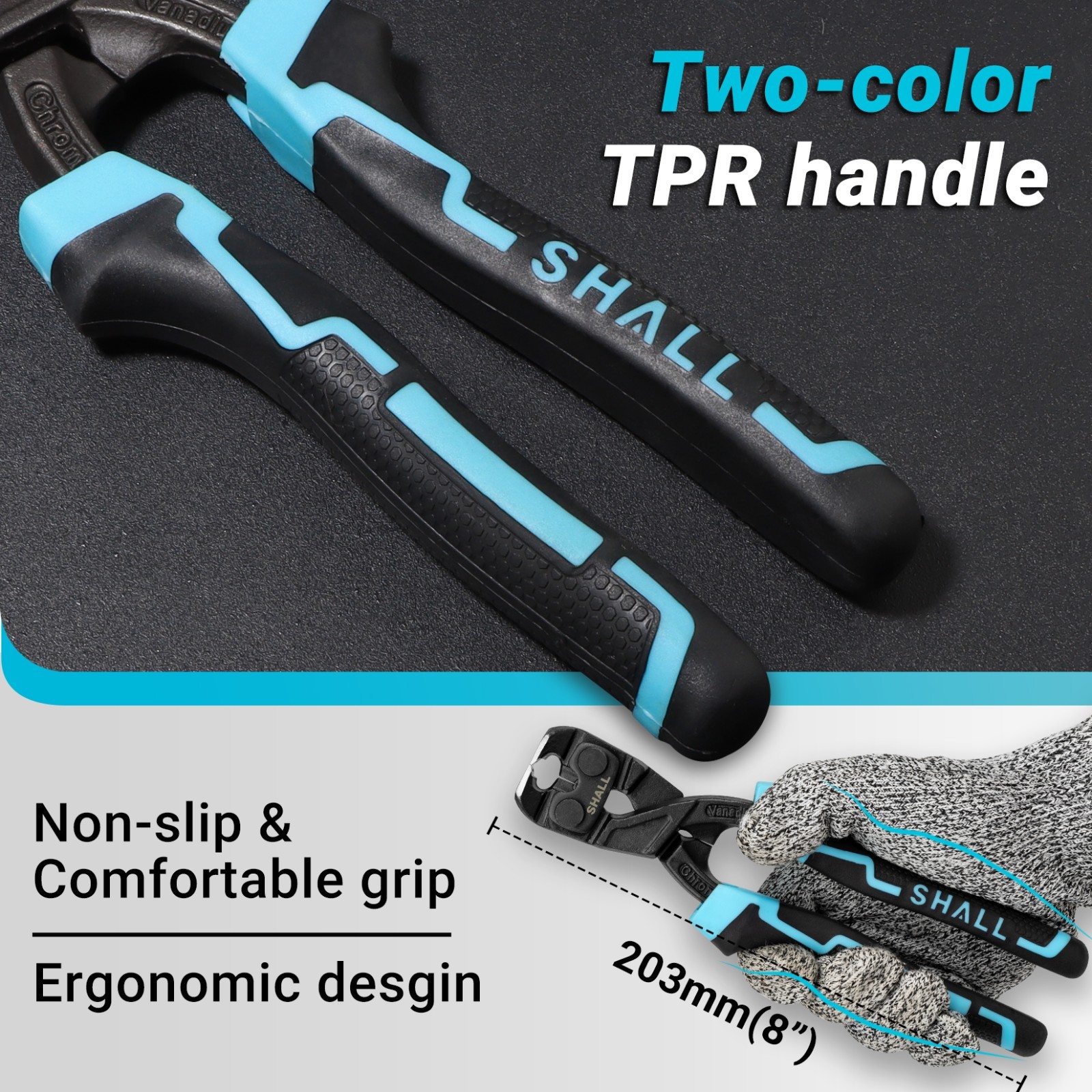SHALL 8-Inch Nail Puller, 8″ End Cutting Pliers, Two-Color Ergonomic Handle