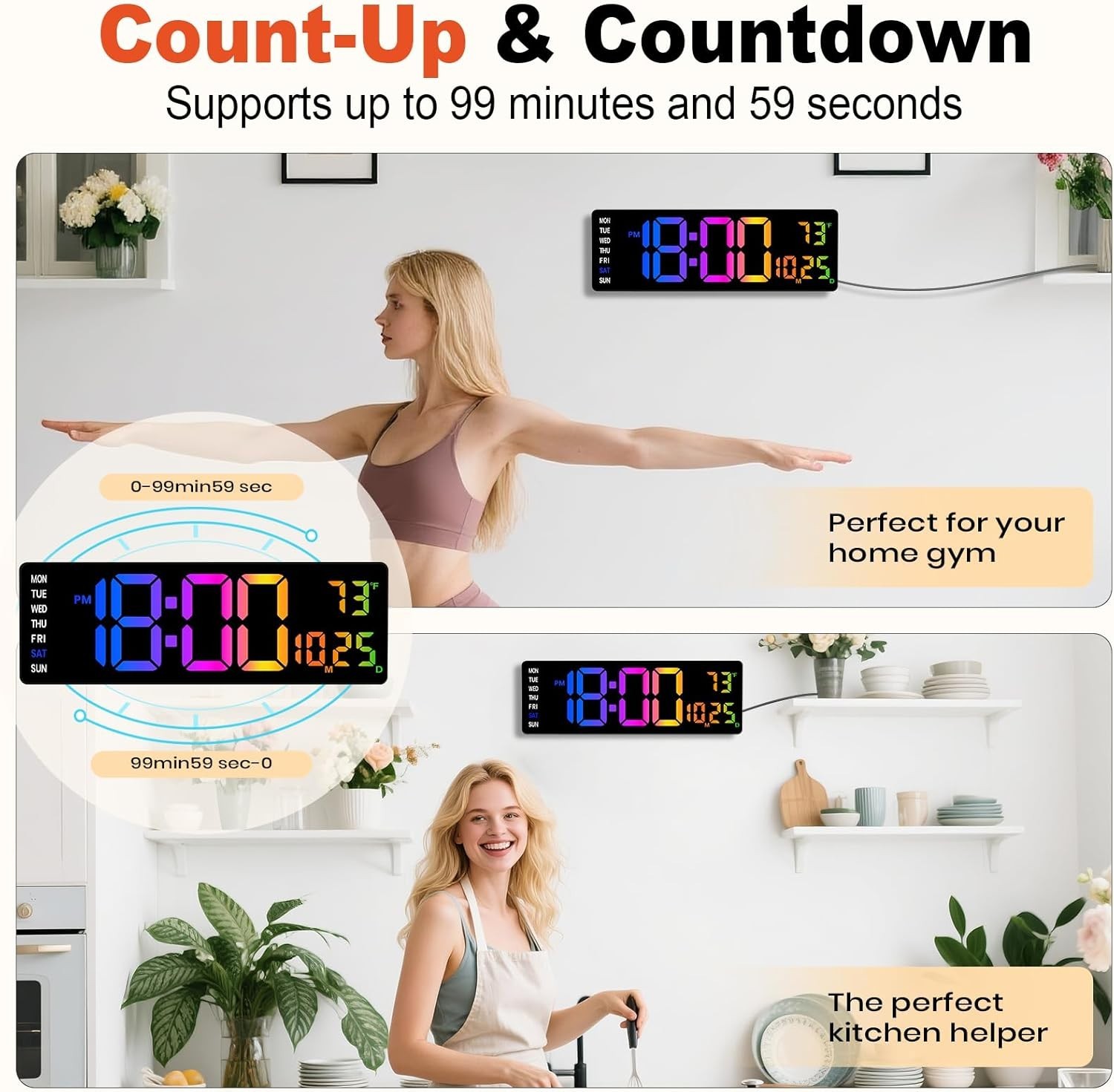 “Large Digital Wall Clock with Remote Control, 12 Inch LED Large Display Count..