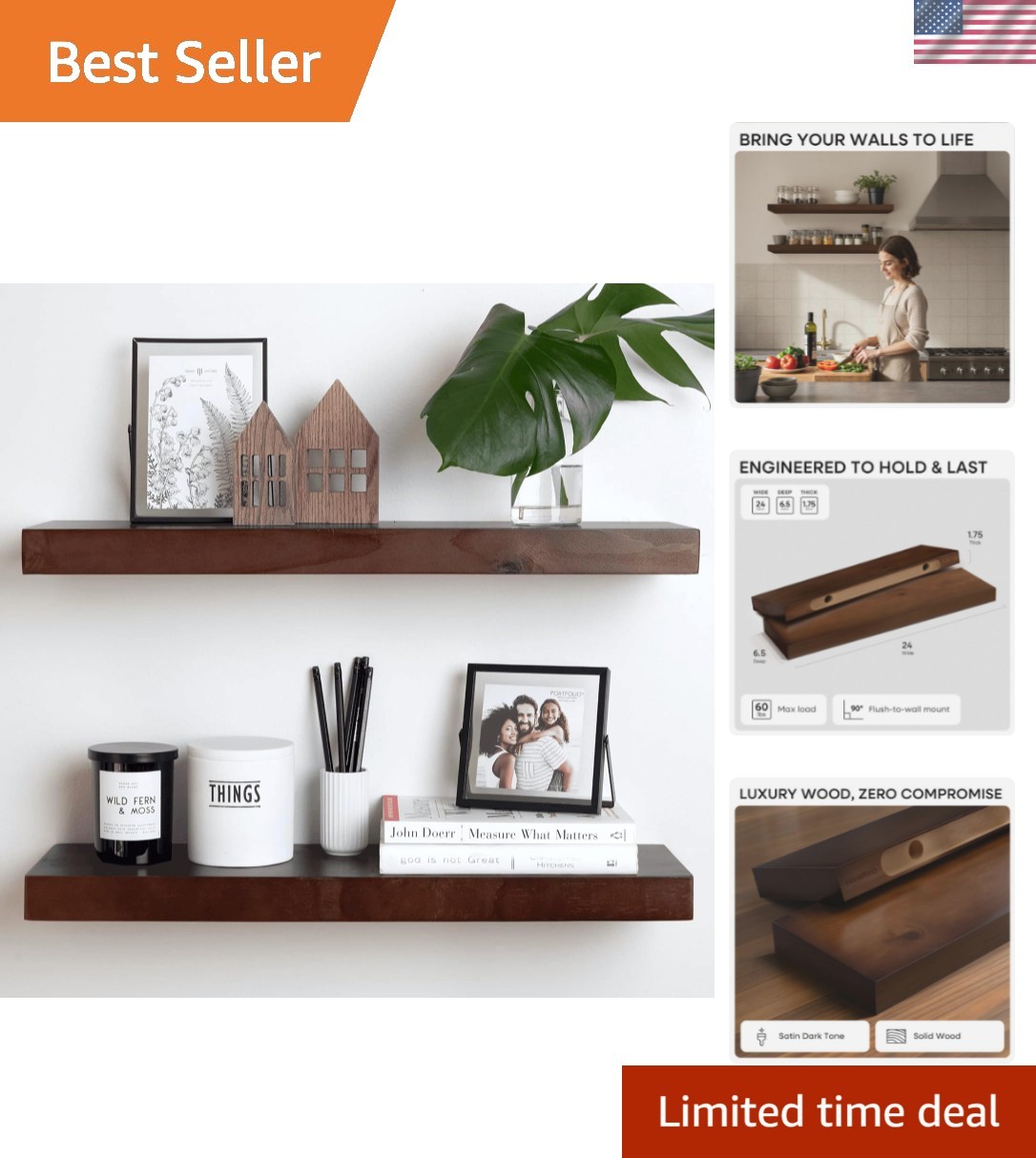 24inch Walnut Floating Shelves for Wall, High End Solid Real Wood 24in Floati…