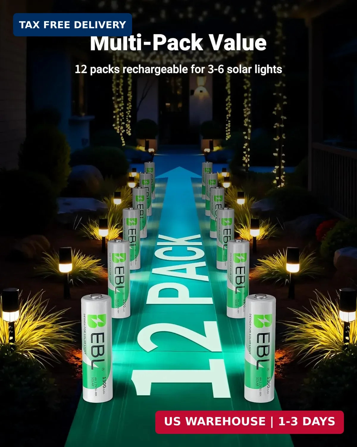 EBL Solar AA Battery Rechargeable Batteries for Outdoor Solar Lights, 1300mAh NI
