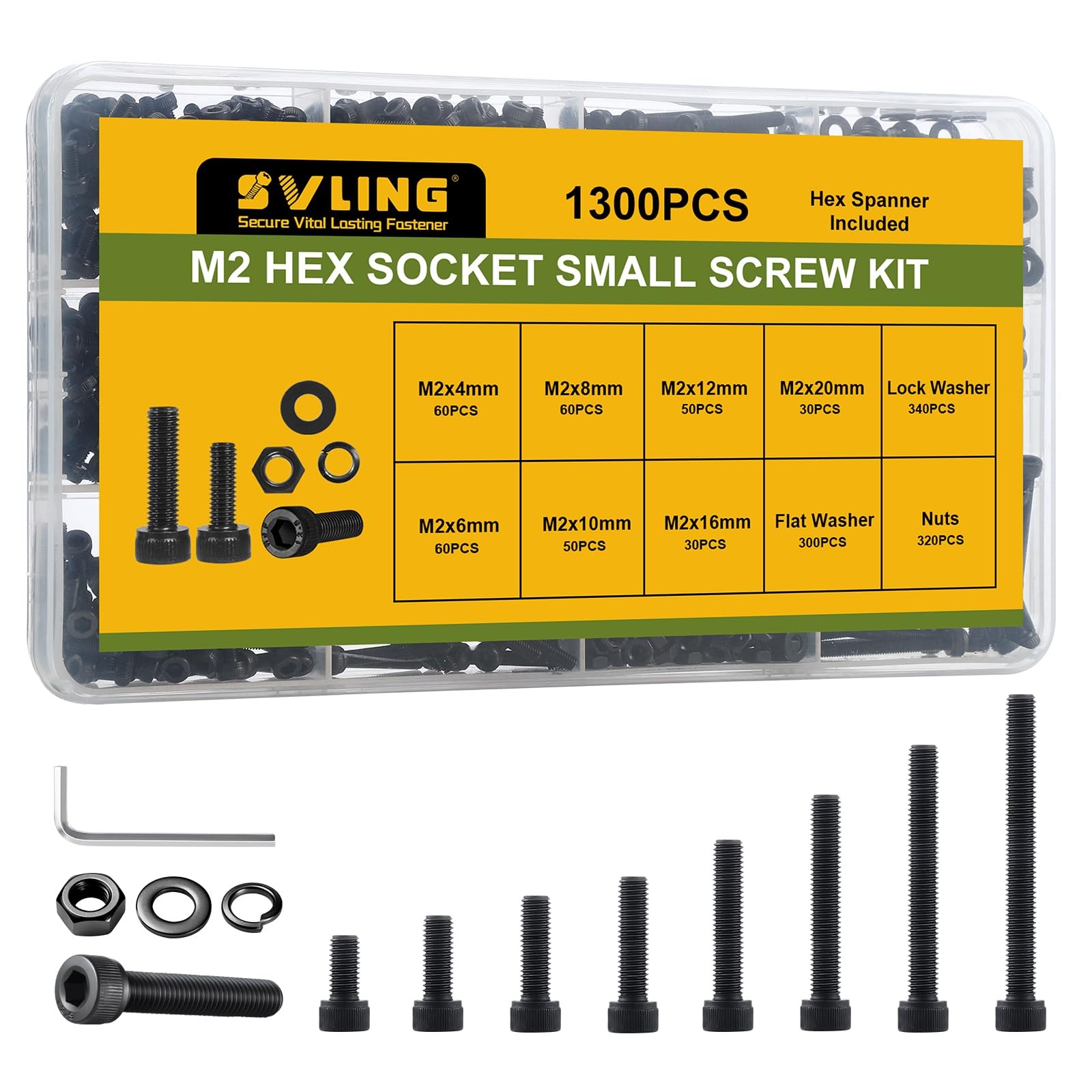 M2 M2.5 M3 M4 M5 M6 Hex Socket Head Cap Screws Bolts Nuts Washers Assortment Kit