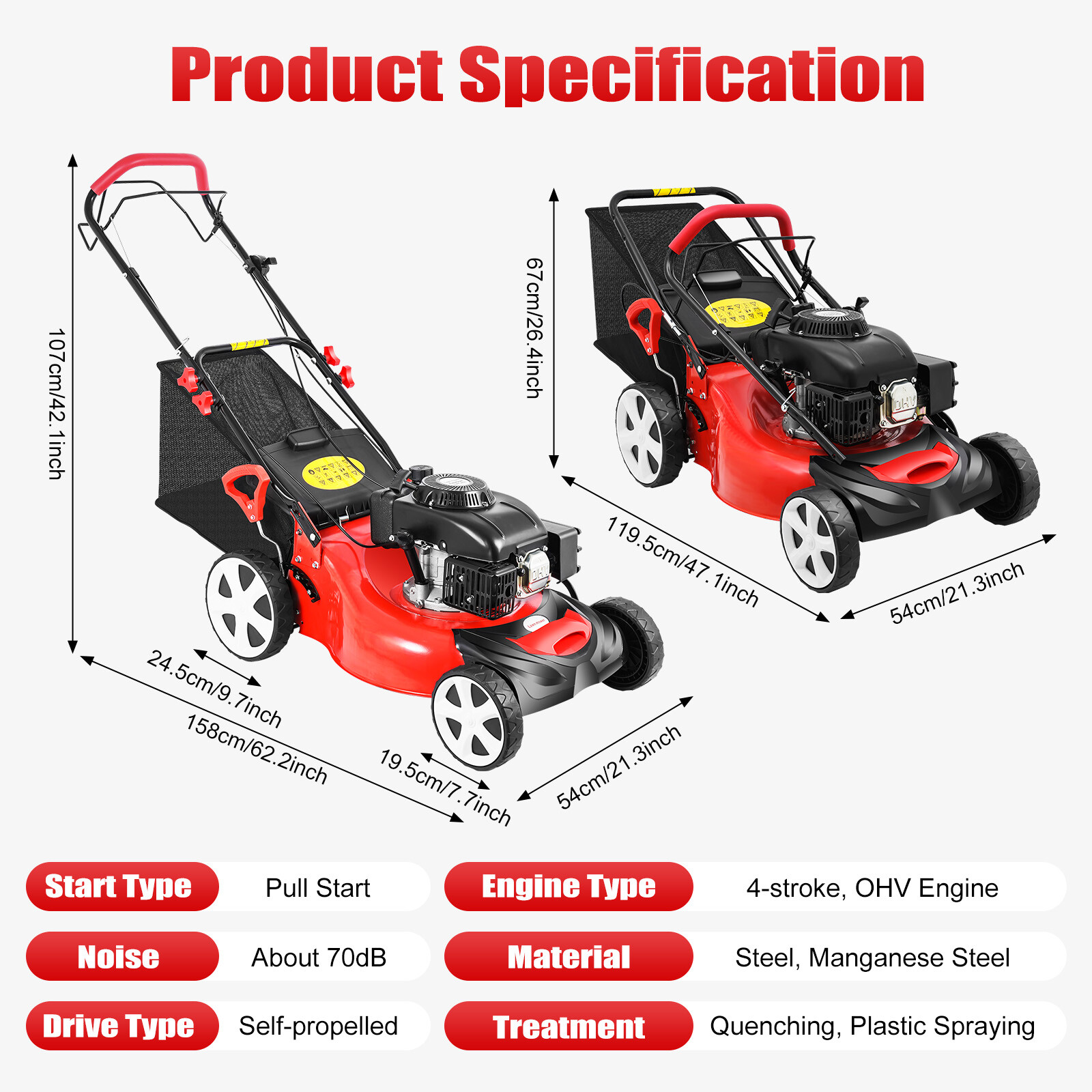 Self-Propelled Gas Powered Lawn Mower with Bagger with 4-Stroke Engine 20” 140CC