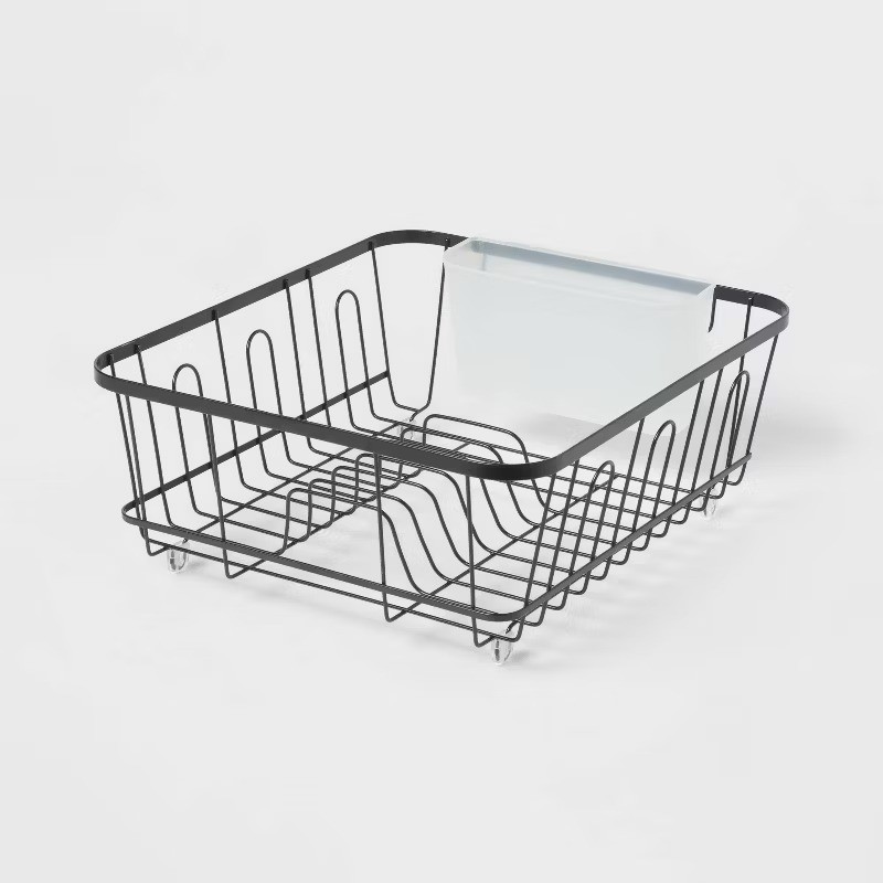 Small Steel Dish Drainer Black Freestanding Dish Drying Rack with Utensil