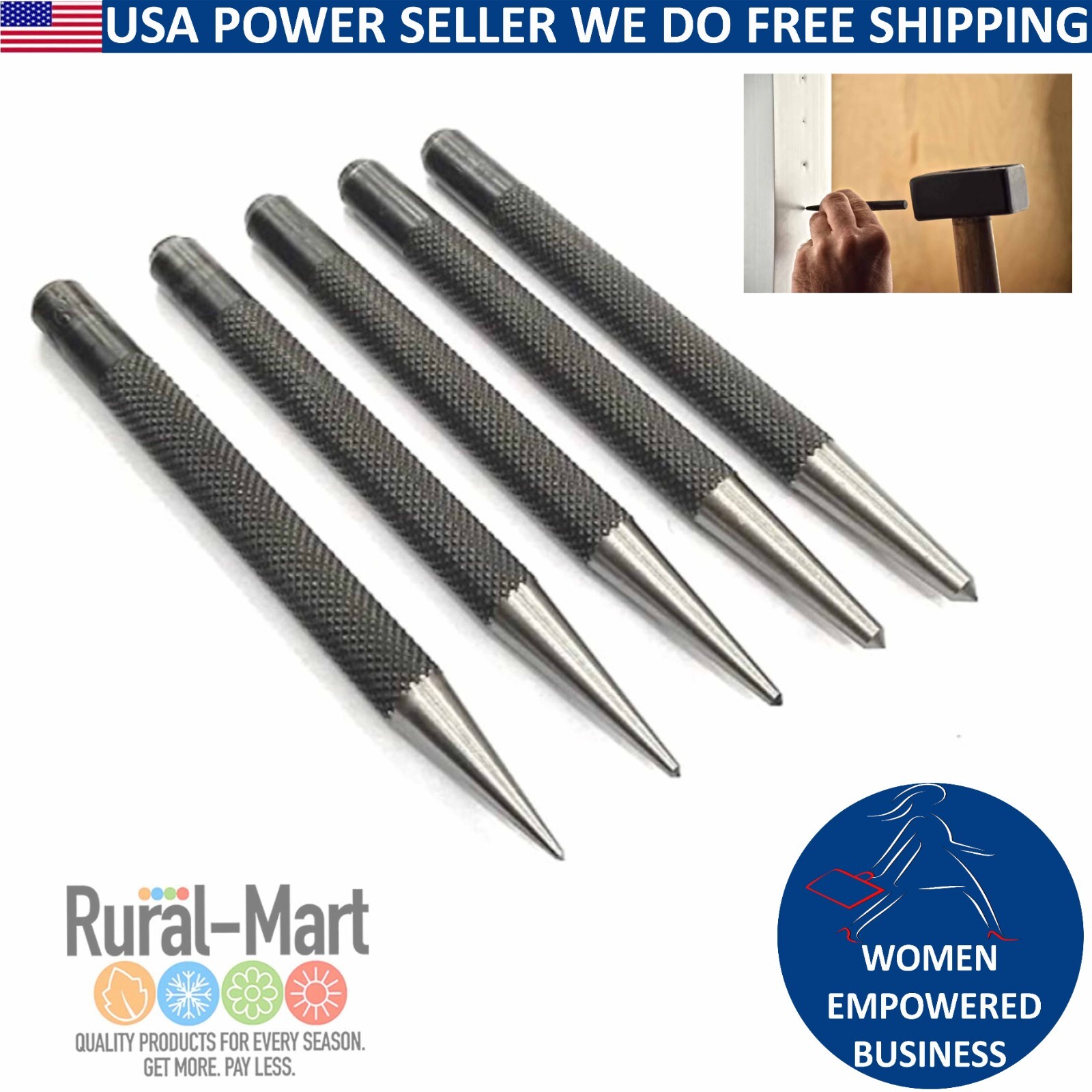 5PK Carbon Steel Punch Set – Marking Tools for Wood and Metal, Sizes 1/16″ to 3/