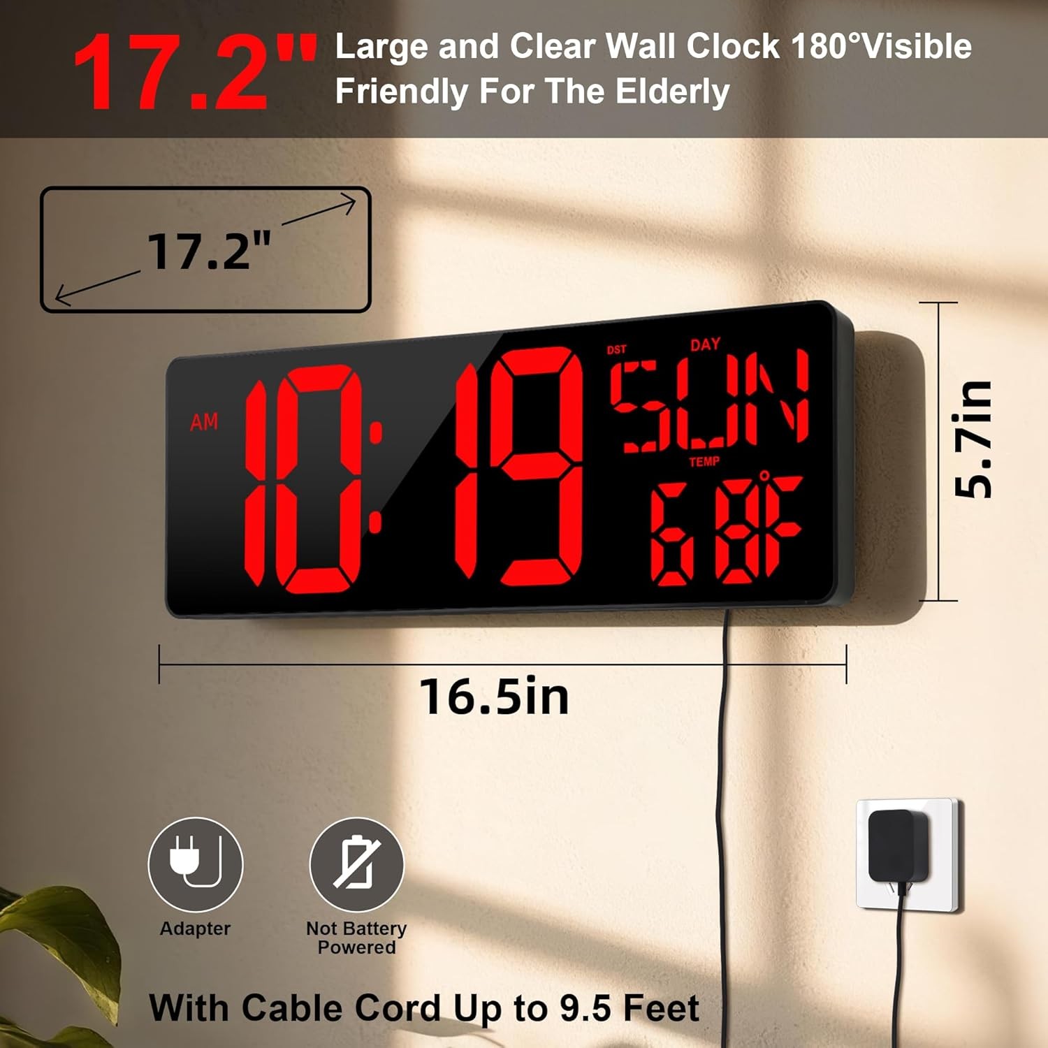 Large Digital Wall Clock with Remote Control 17.2″ LED Large Display Timer with
