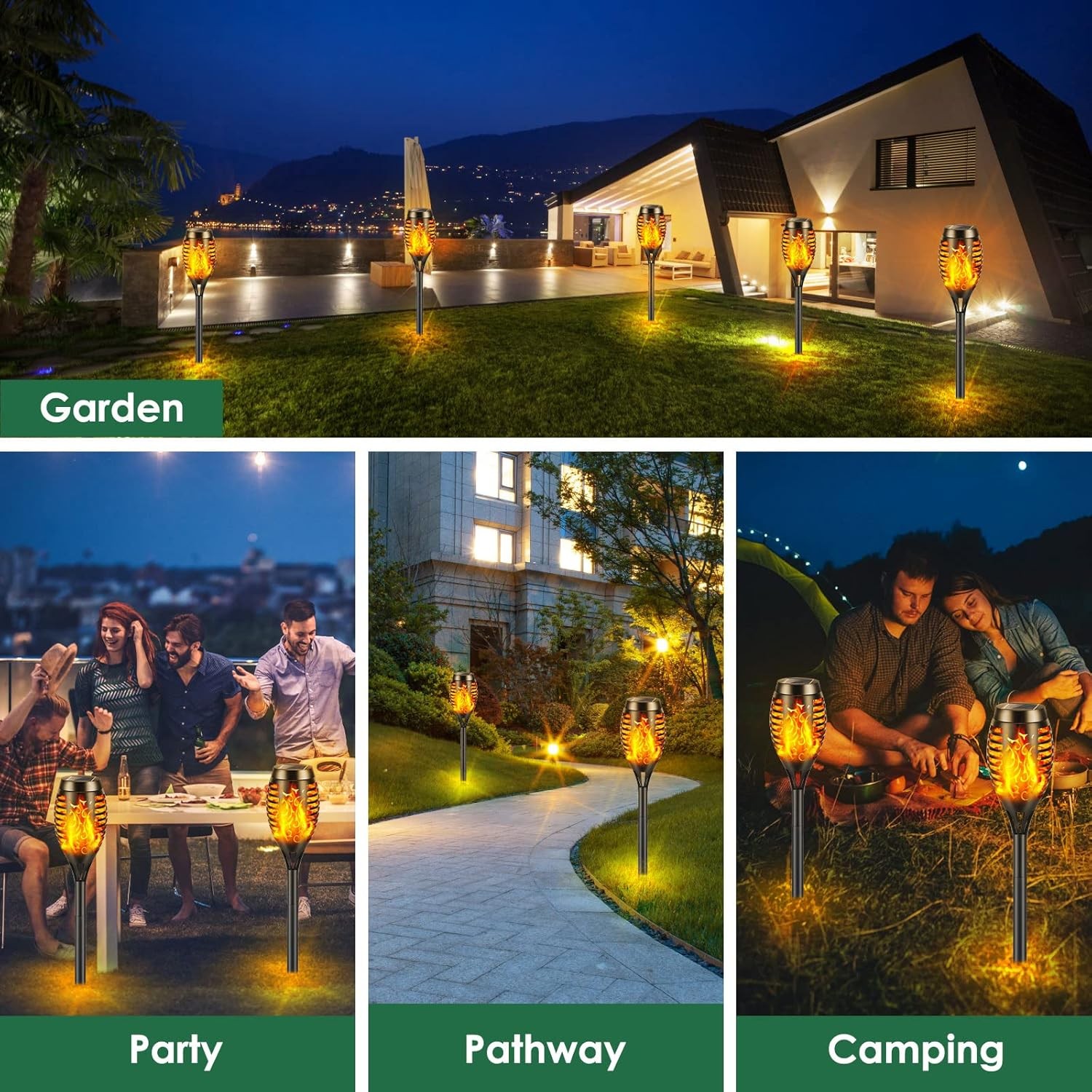 6 Pack LED Solar Flame Torch Lights Outdoor Flickering Garden Yard Pathway Lamps