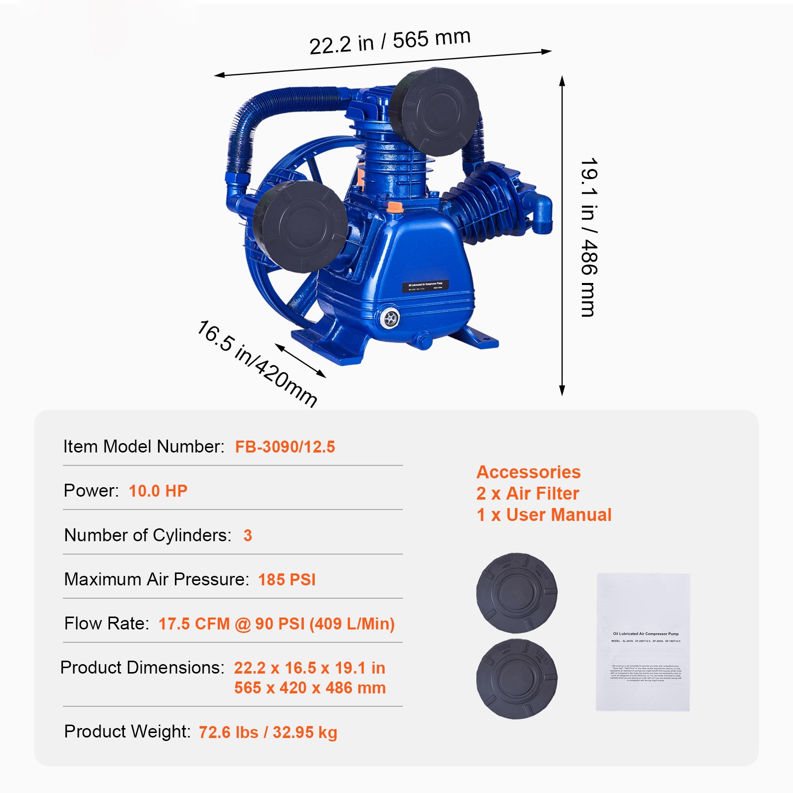VEVOR Air Compressor Pump Head 10HP 17.5CFM @ 90PSI 3-Cylinder Piston Pump Head