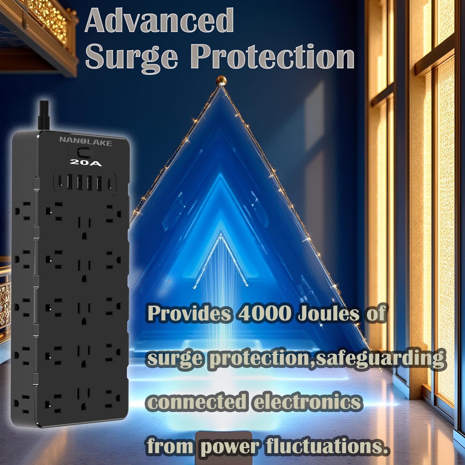 Nanolake 20 Amp Power Strip Surge Protector,Heavy 10.1*4.53*1.83 inch, Black
