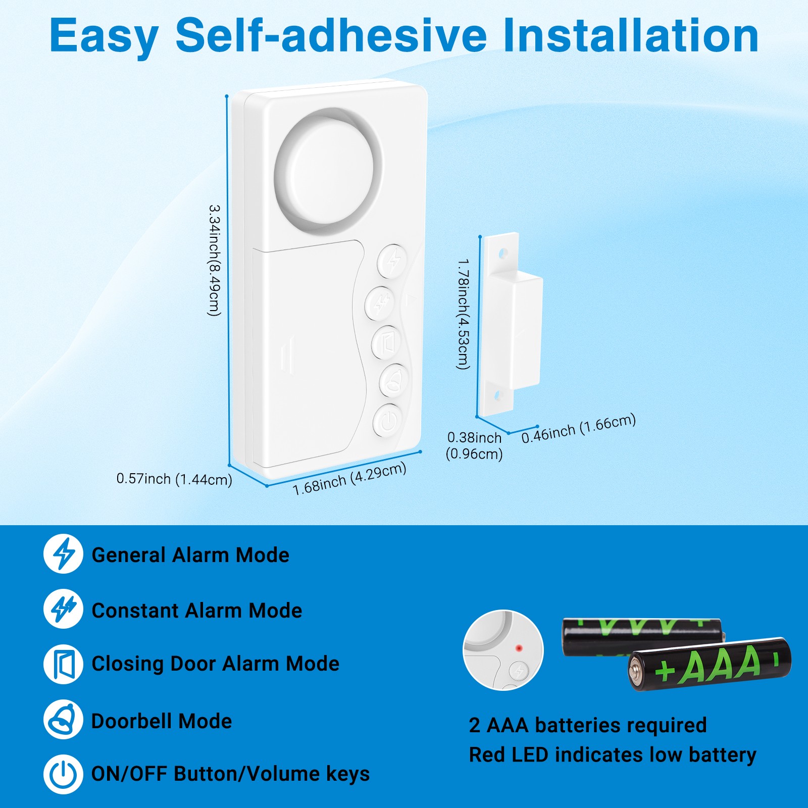 Loud 108dB Door Security Alarm 3/15/30/60S Delay 3Volumes 4Modes Anti-Theft 2PCS