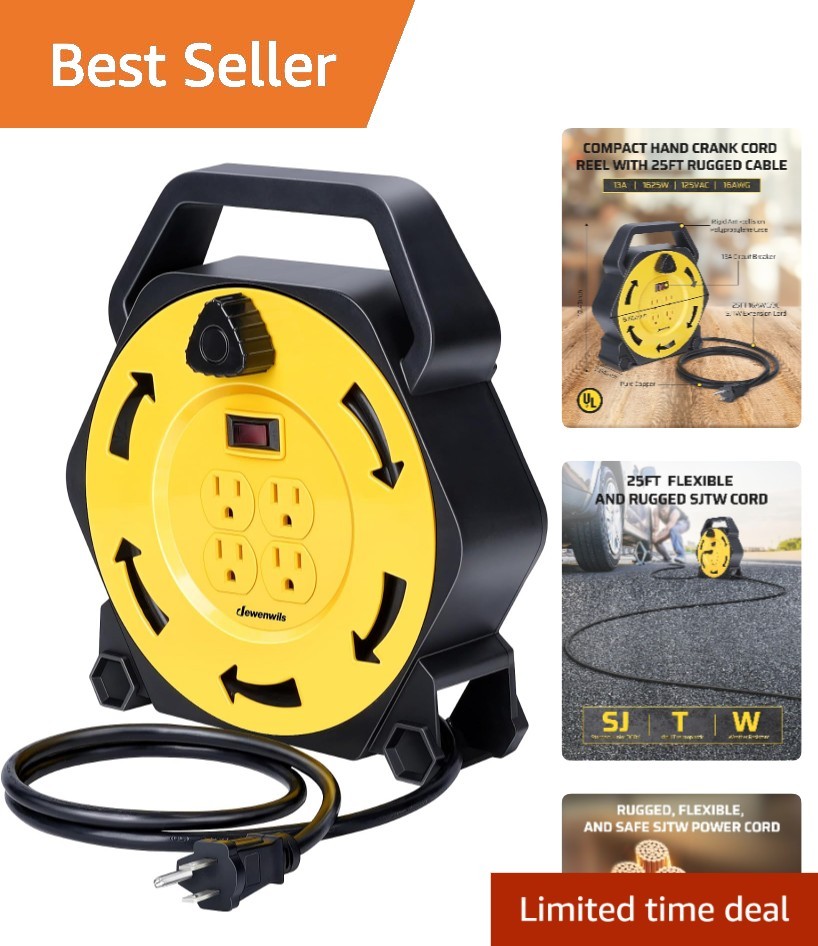 25FT Retractable Extension Cord Reel with 4 Grounded Outlets – Portable & Safe