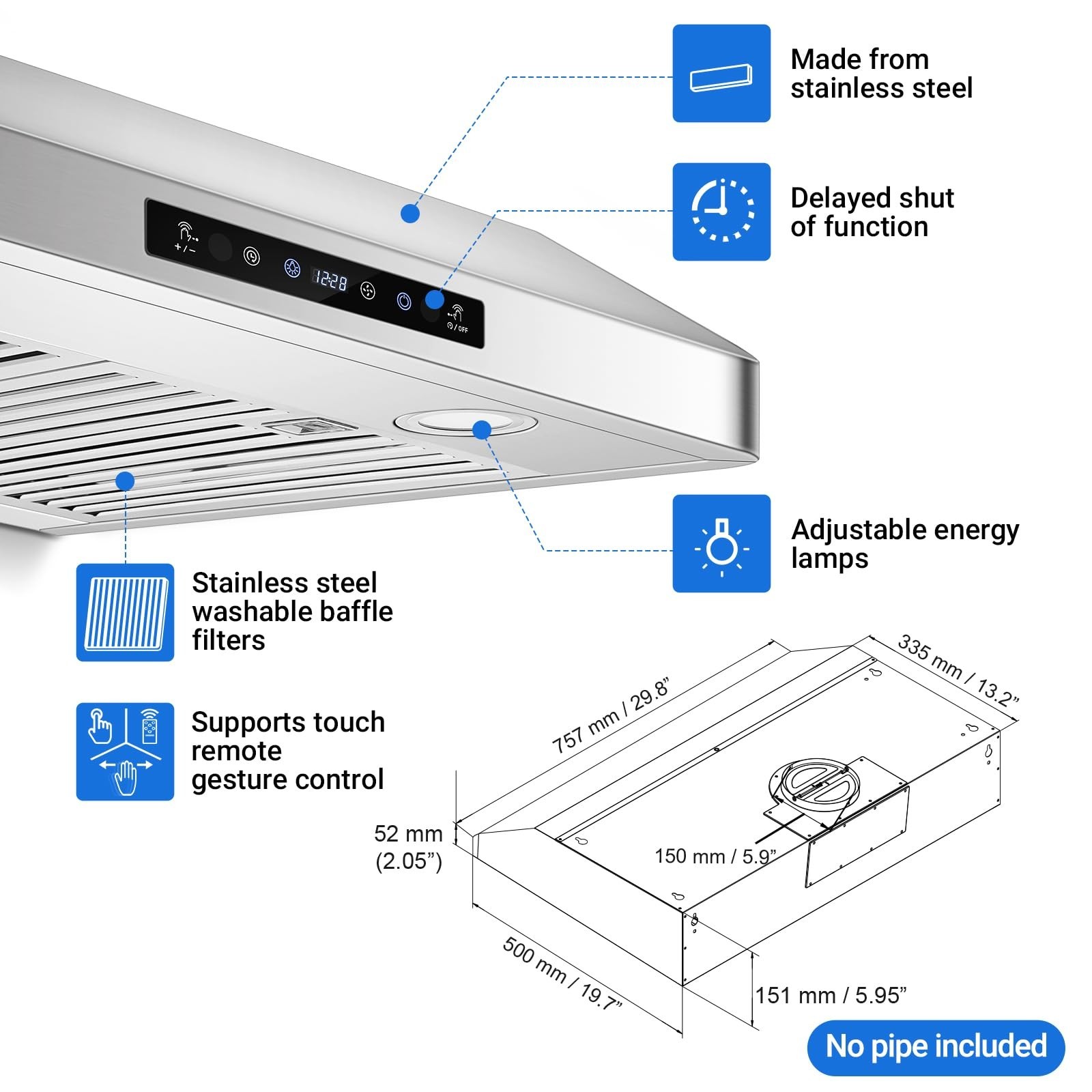 AMZCHEF 30in Under Cabinet Range Hood 750CFM Stainless Steel 3 Speed LED