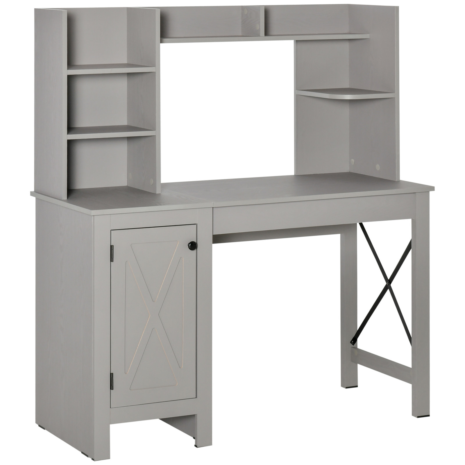 Farmhouse Computer Desk W/ Hutch Tabletop Cabinet, Home Office Study, Light Grey