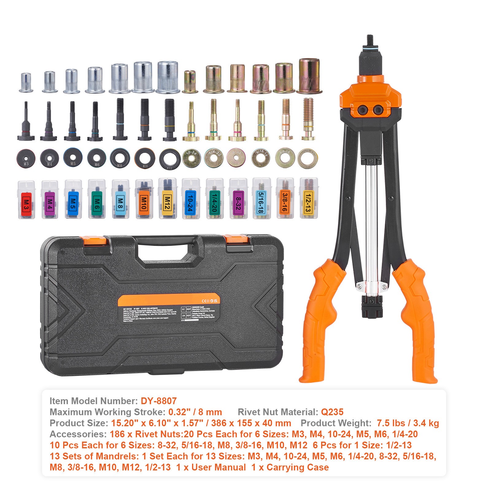 VEVOR Rivet Nut Tool 16in Rivnut Tool Kit 13PCS Mandrels and 186PCS Rivet Nuts