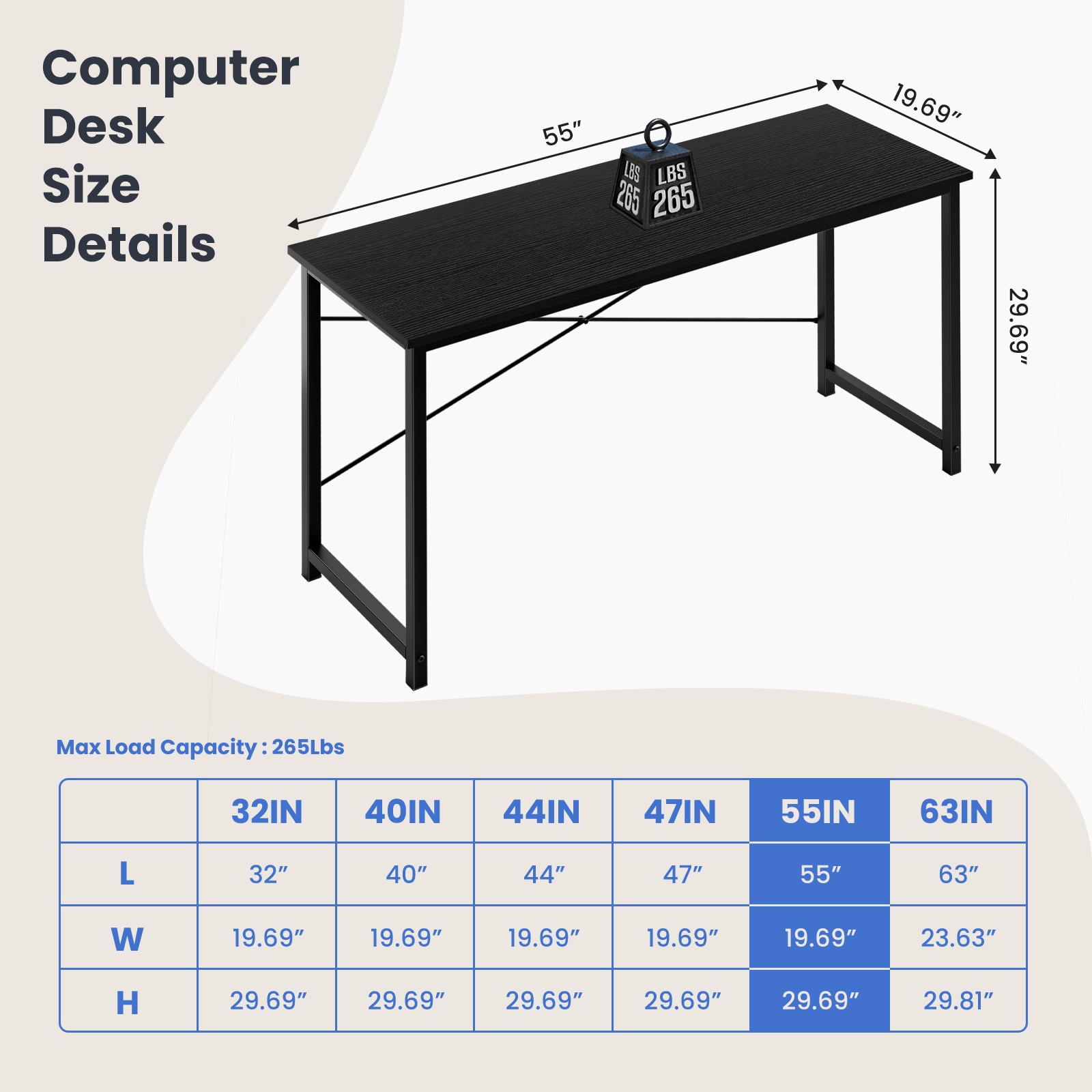 40/47/55/63 inch Wood Computer Desk Home Office Study Desk with Storage and Hook